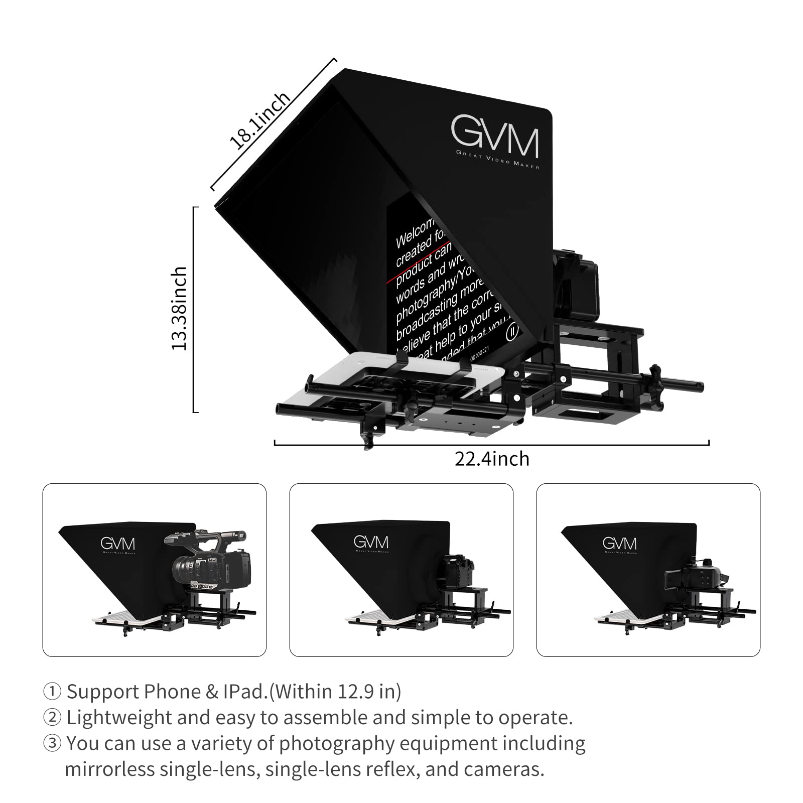 Gvm Teleprompters For Ipad Tablet Dslr Camera Portable 18'' Teleprompter Kit With Remote Control & App,Solid Aluminum Constructi