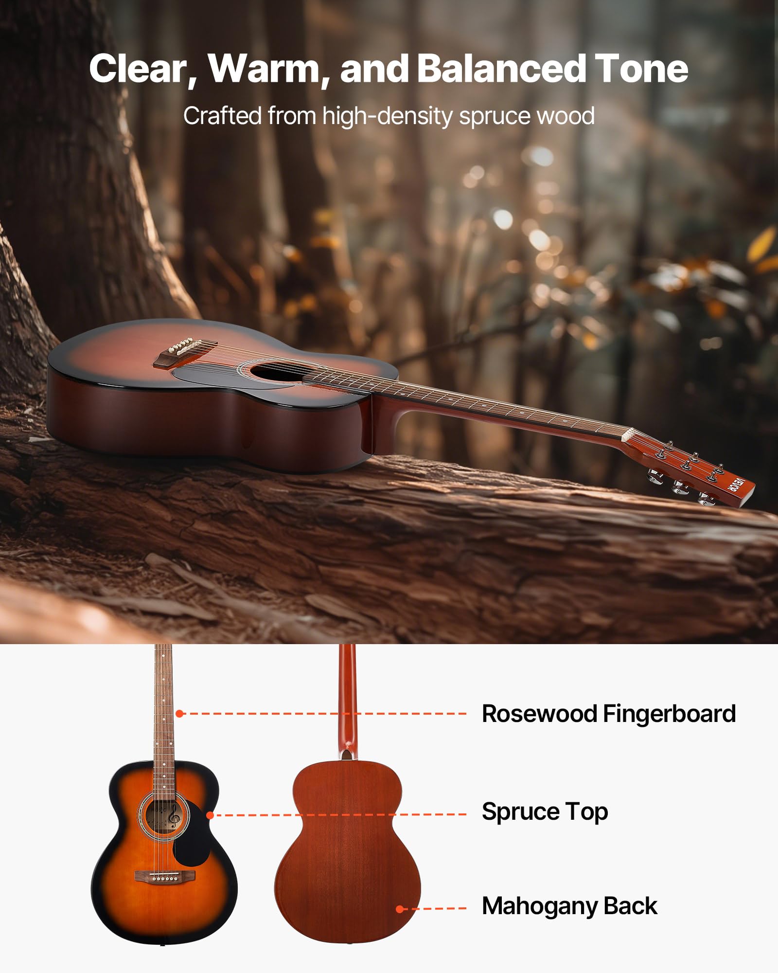 Vevor Dreadnought Acoustic Guitar, 40 In, 6-String Sunburst Solid Top Guitar, Beginner Bundle With Gig Bag, Tuner, Strap, Steel