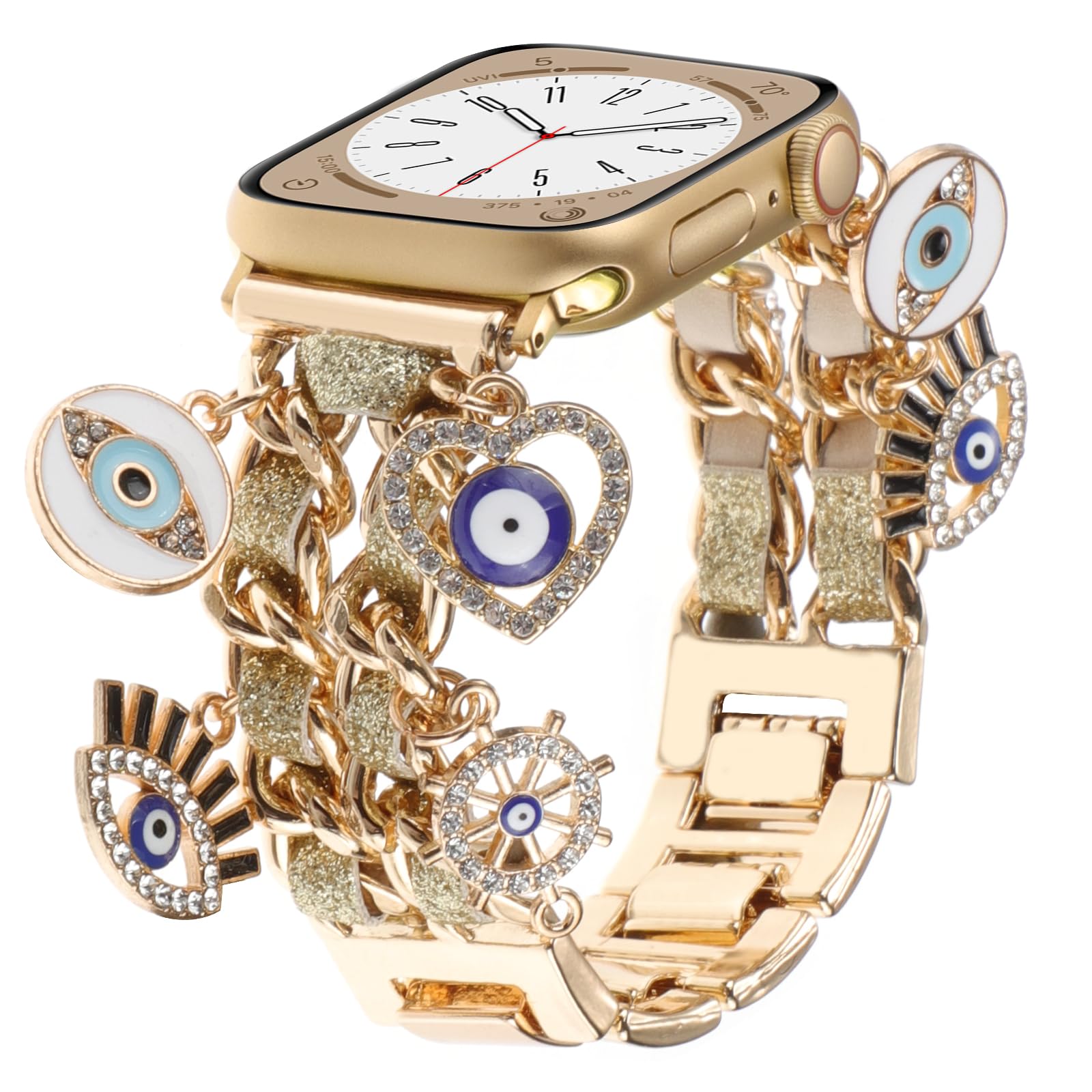 Realsign Women'S Gold Leather Watch Band With Evil Eye Pendants, 42Mm 45Mm Compatible With Apple Watch Series 1 6, Adjustable