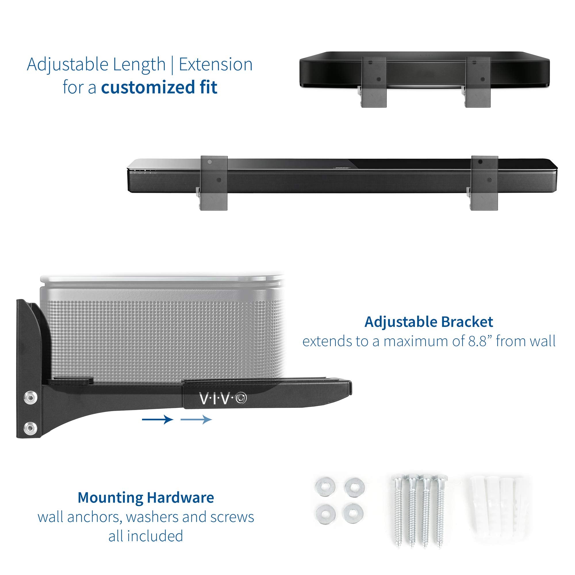 Vivo Steel Universal Dual Soundbar Wall Mount L Brackets, Adjustable Extending Speaker Arm Holders, Black, Mount Spsb4