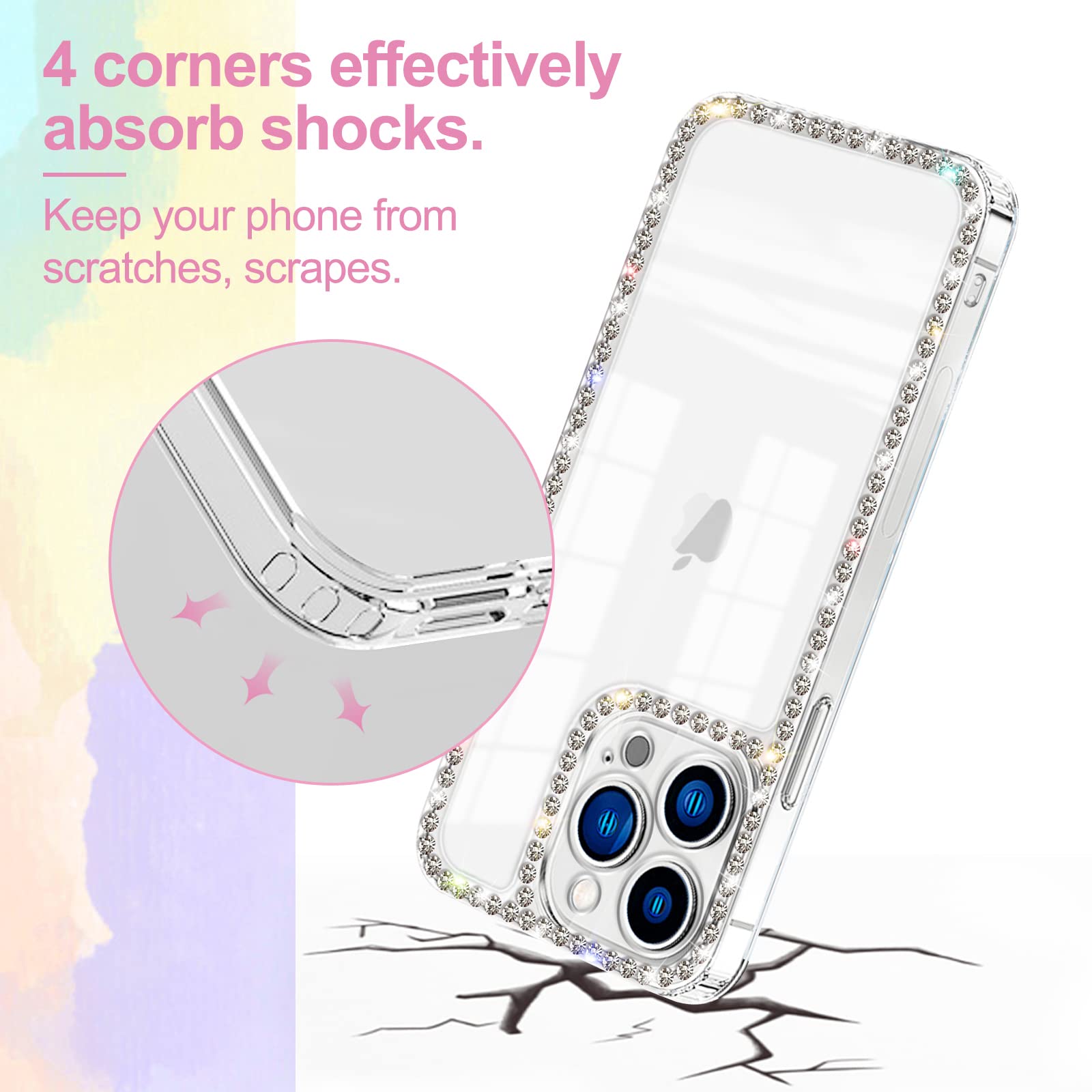 Vaoxty Compatible With Iphone 13 Pro Clear Case Cute For Women Girls Bling Diamond Glitter Rhinestone Sparkle Shiny Bumper Desig