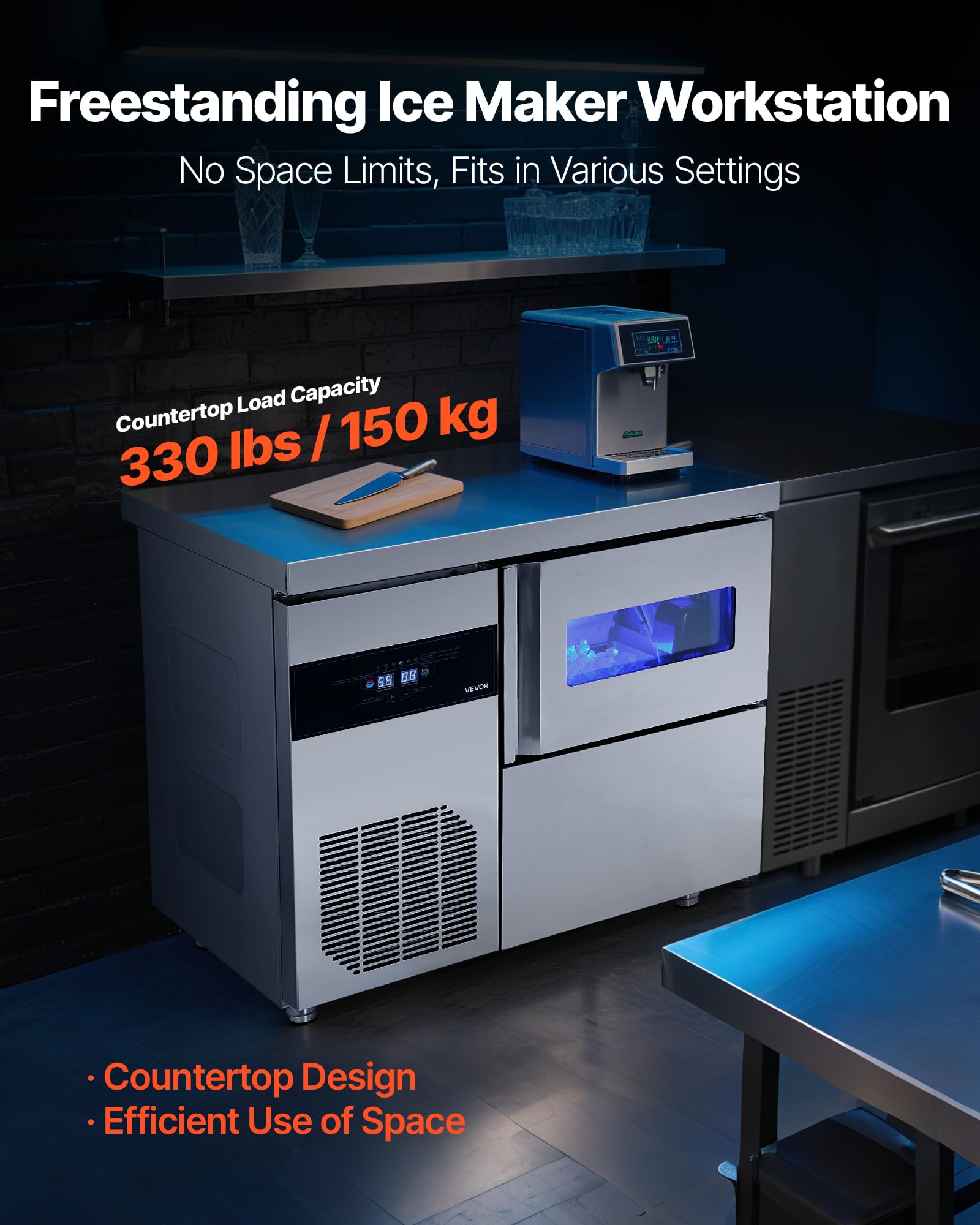 Vevor Commercial Ice Maker Machine, 132 Lbs/24H Stainless Steel Ice Machine With Worktop, 30 Lbs Storage & 70 Cubes/Cycle, Self-