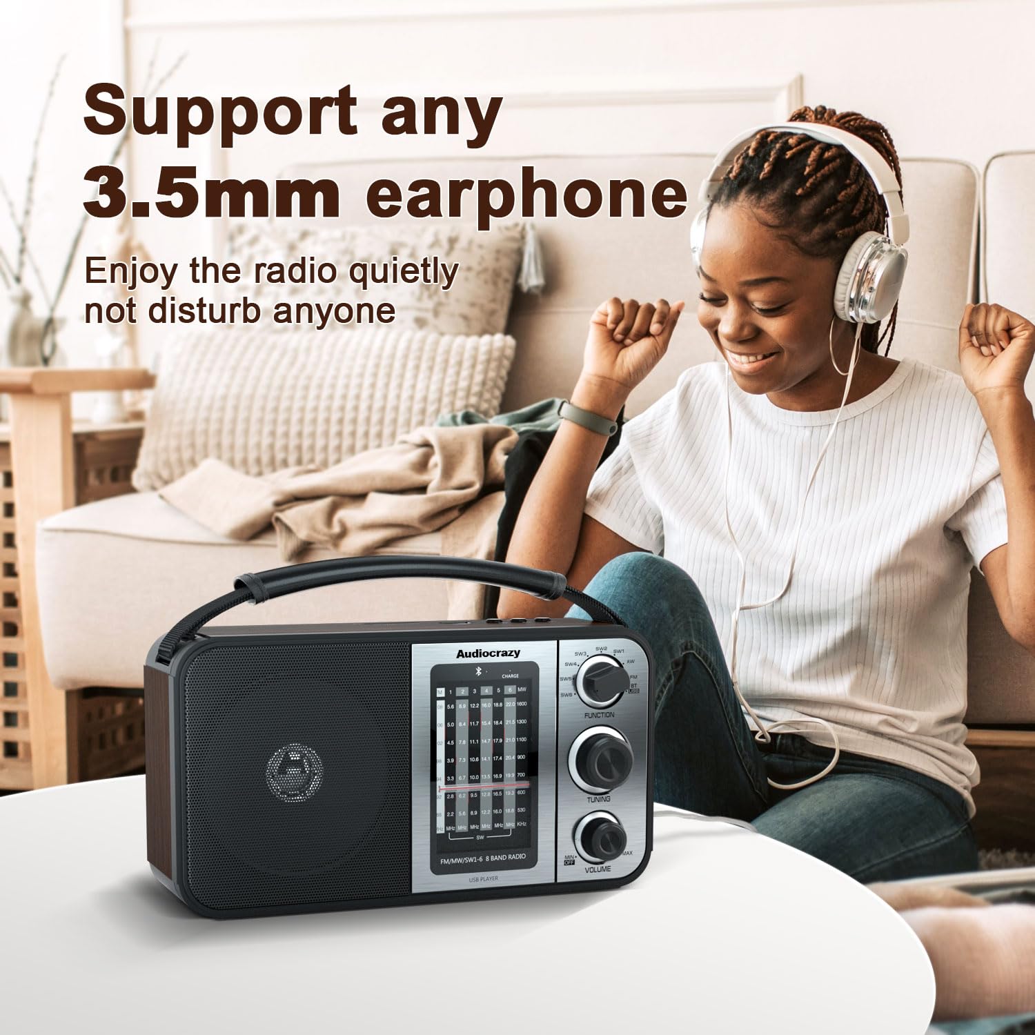 Audiocrazy Am Fm Portable Radio Shortwave Radio With Bluetooth,Radio Plug In Wall Or Battery Powered,Rechargeable Radio With Str