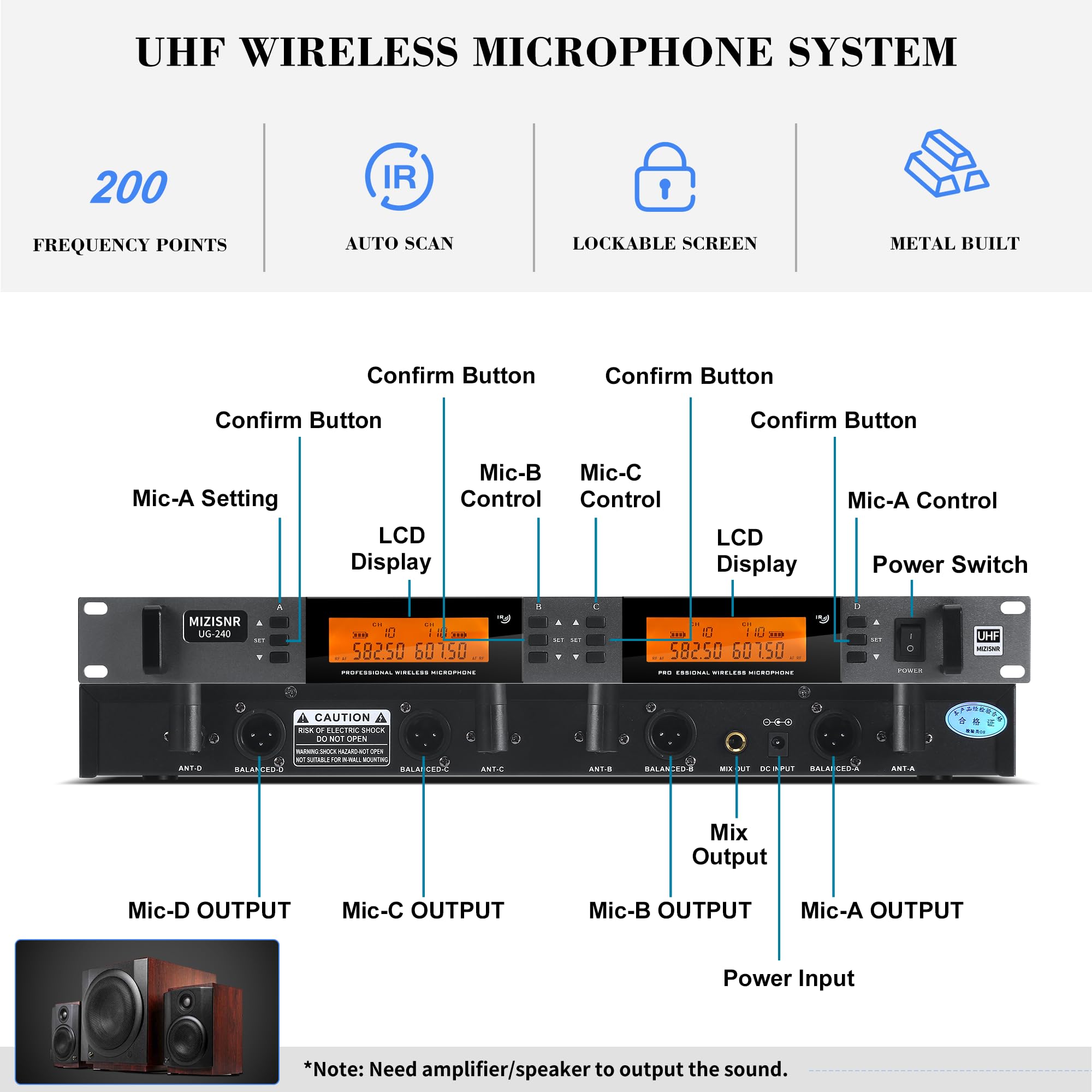 MIZISNR 4-Channel Wireless Microphone System, UHF Handheld Mics, 200 Frequencies, 300ft Range, Metal, Black, Model UG-240