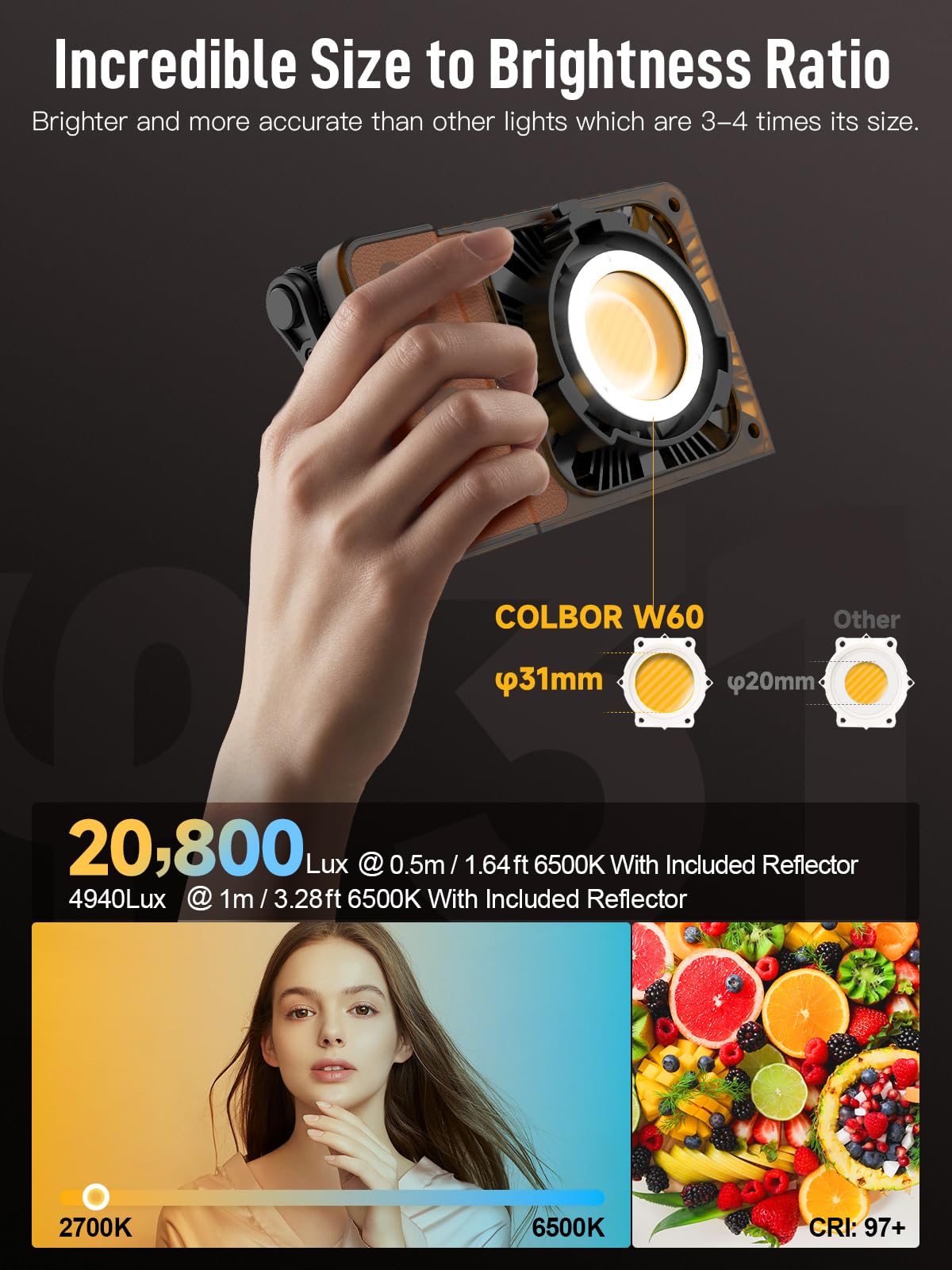 Colbor Video Light, W60 60W 2700K 6500K Bi Color Pocket Continuous Output Lighting With Led Screen 3 Powering Options App Contro