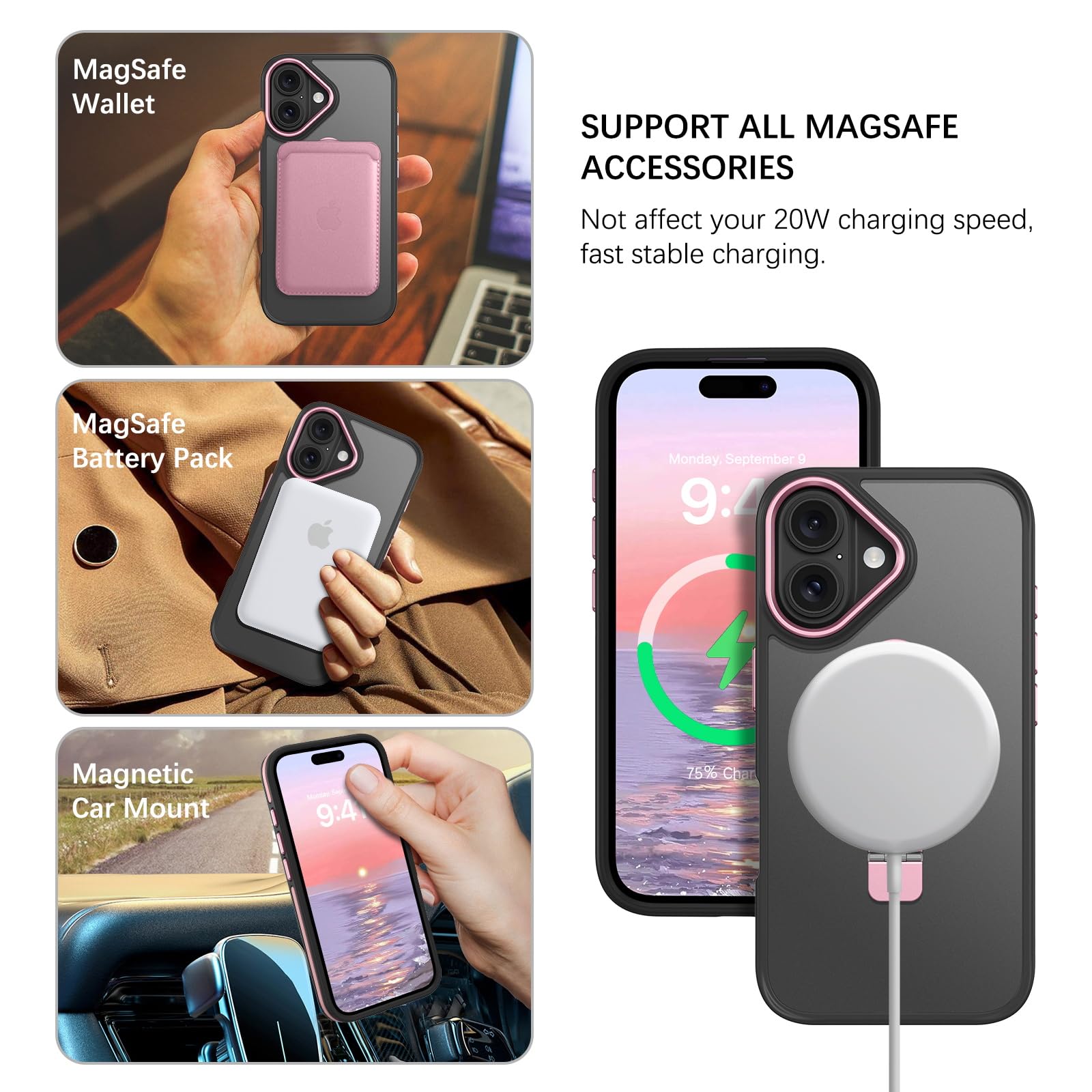 Veningo Iphone 16 Case, Magnetic Slim Fit Magsafe Translucent Matte Car Mount Supported With Foldable Ring Holder Kickstand Shoc