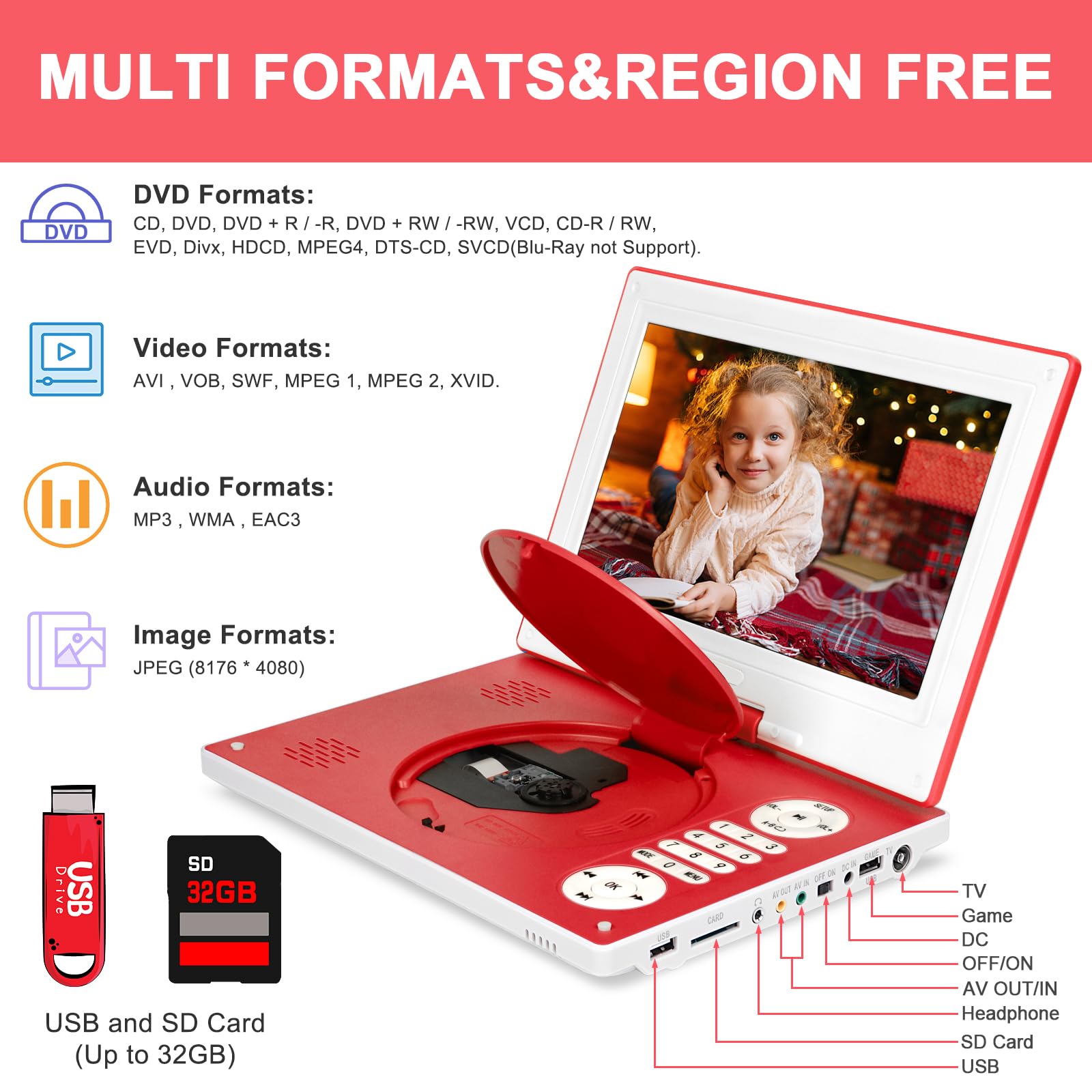 12.5'' Portable Dvd Player With 10.1'' Hd Swivel Screen, 6 Hours Rechargeable Battery Dvd Player Portable For Kids And Car, Supp