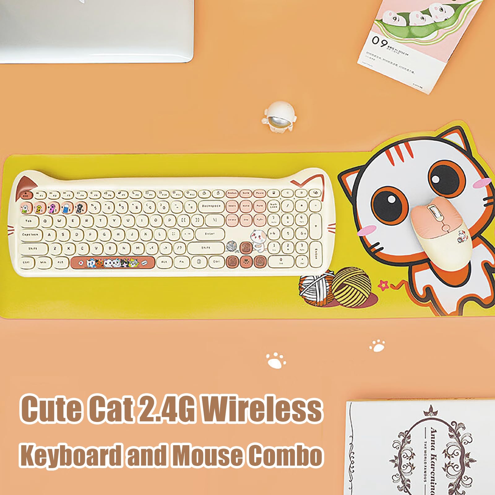 Cute Cat 2.4G Usb Wireless Keyboard And Mouse Combo, Silent Keys, Candy Colors, Compatible With Notebook, Pc (Milktea 110Keys)