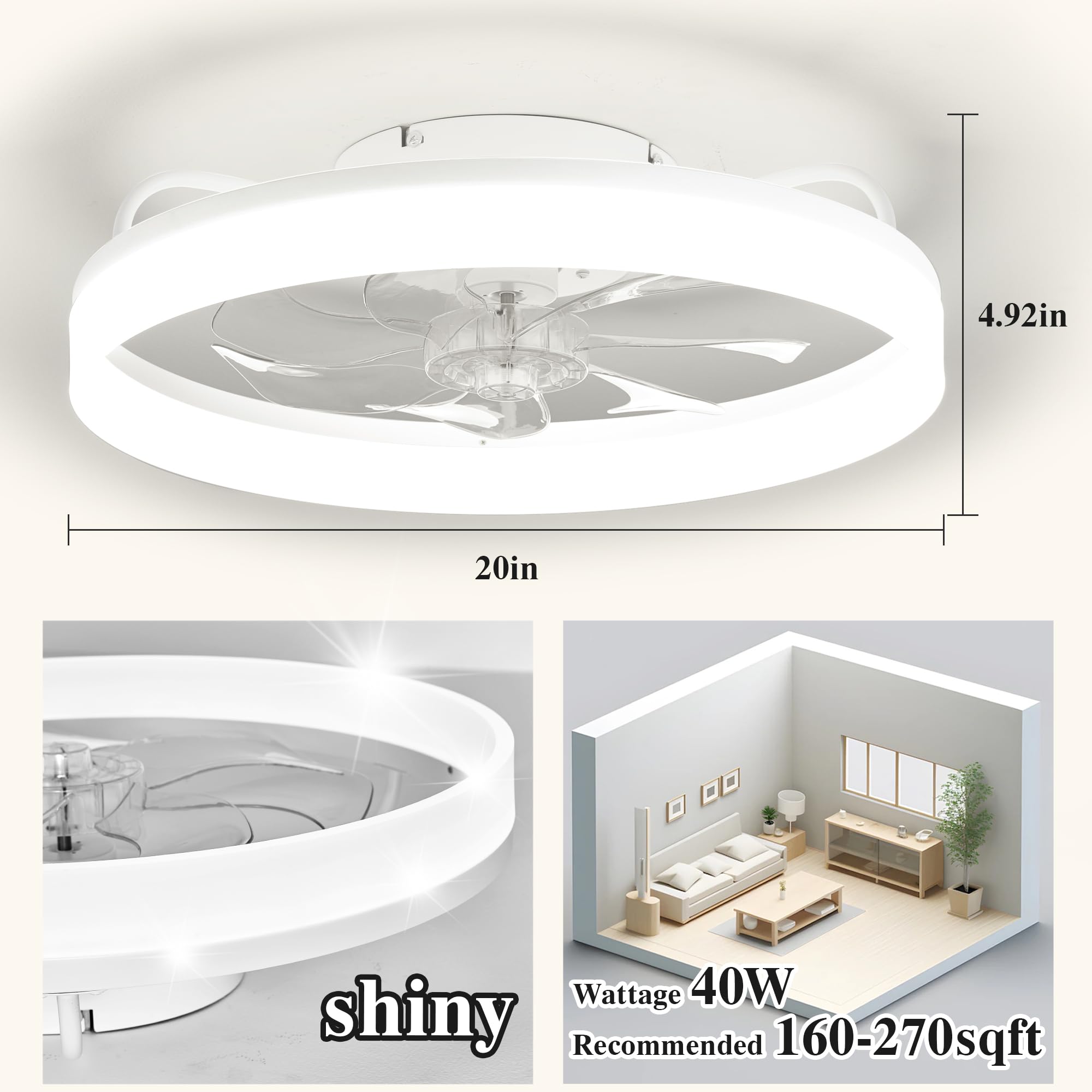 Smart Ceiling Fans With Lights Remote   Wifi Alexa Ceiling Fans For Bedroom   Low Profile Modern Ceiling Fan   20'' Flush Mount