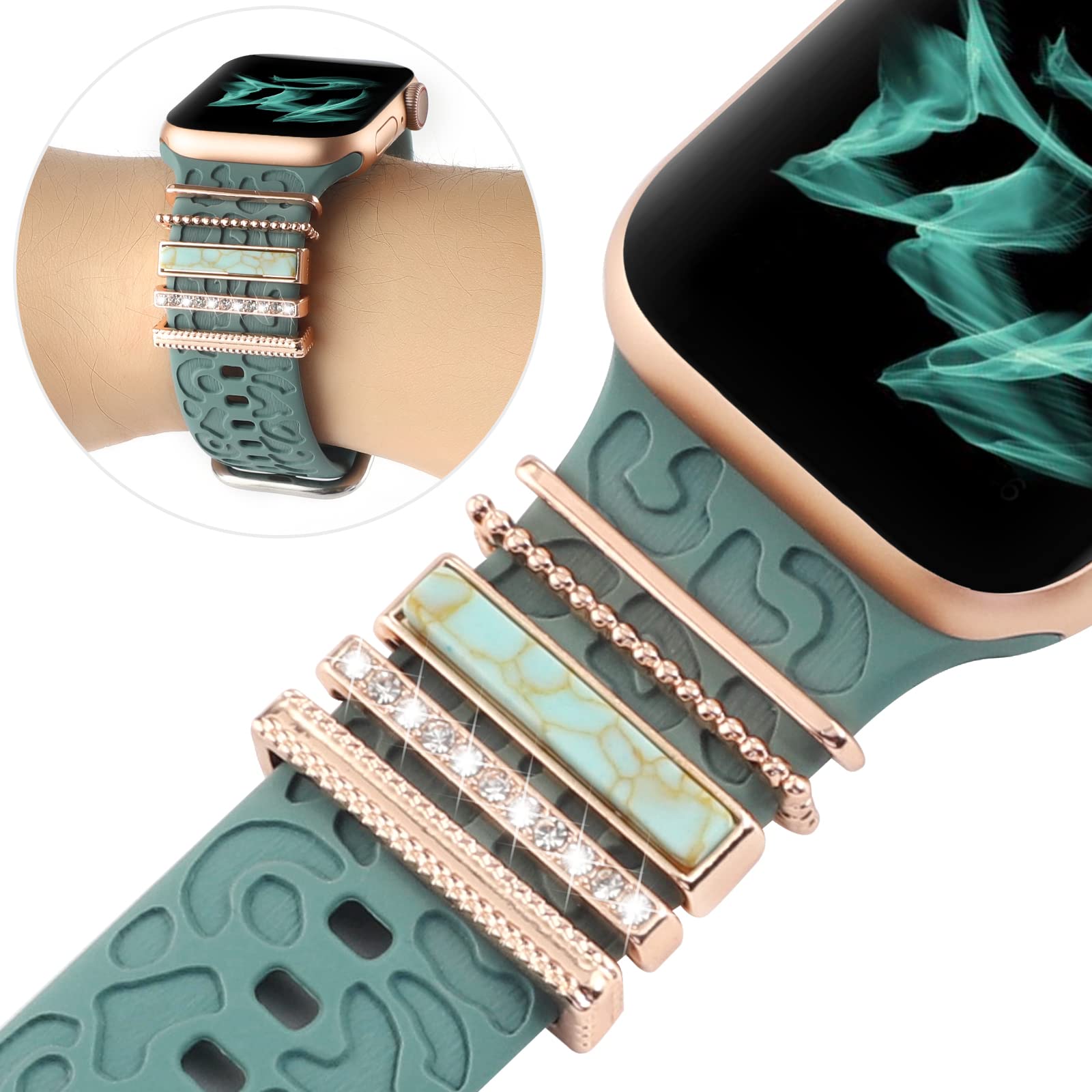 Decorative Ring Loops Compatible With Apple Watch Silicone Bands 38Mm 40Mm 41Mm 42Mm 44Mm 45Mm,Metal Turquoise Diamond Charms Accessories For Iwatch Series 8 7 6 5 4 3 2 1(No Band)