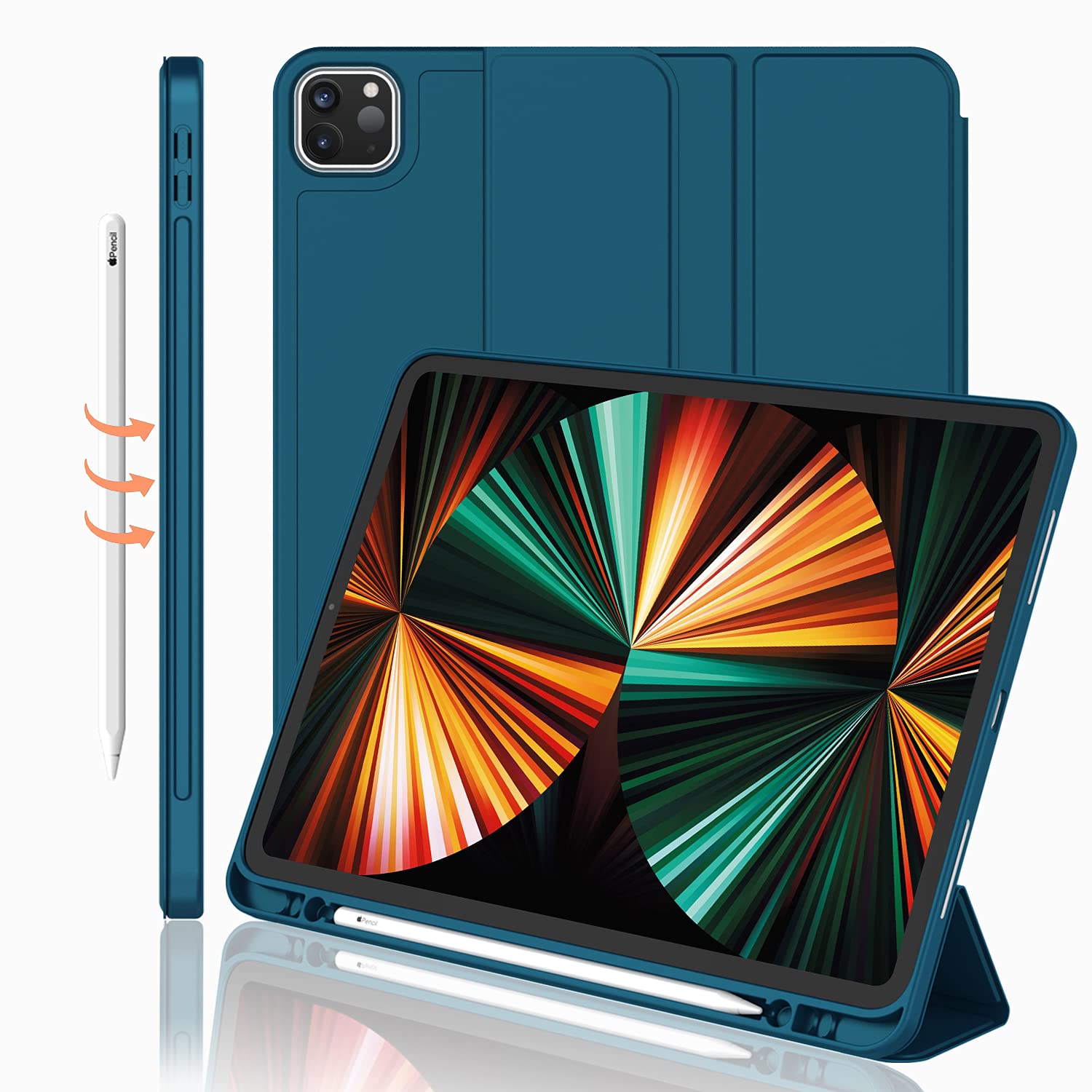 Imieet New Ipad Pro 12.9 Case 2022(6Th Gen)/2021(5Th Gen) With Pencil Holder [Support Ipad 2Nd Pencil Charging/Pair],Trifold Stand Smart Case With Soft Tpu Back,Auto Wake/Sleep(Teal)
