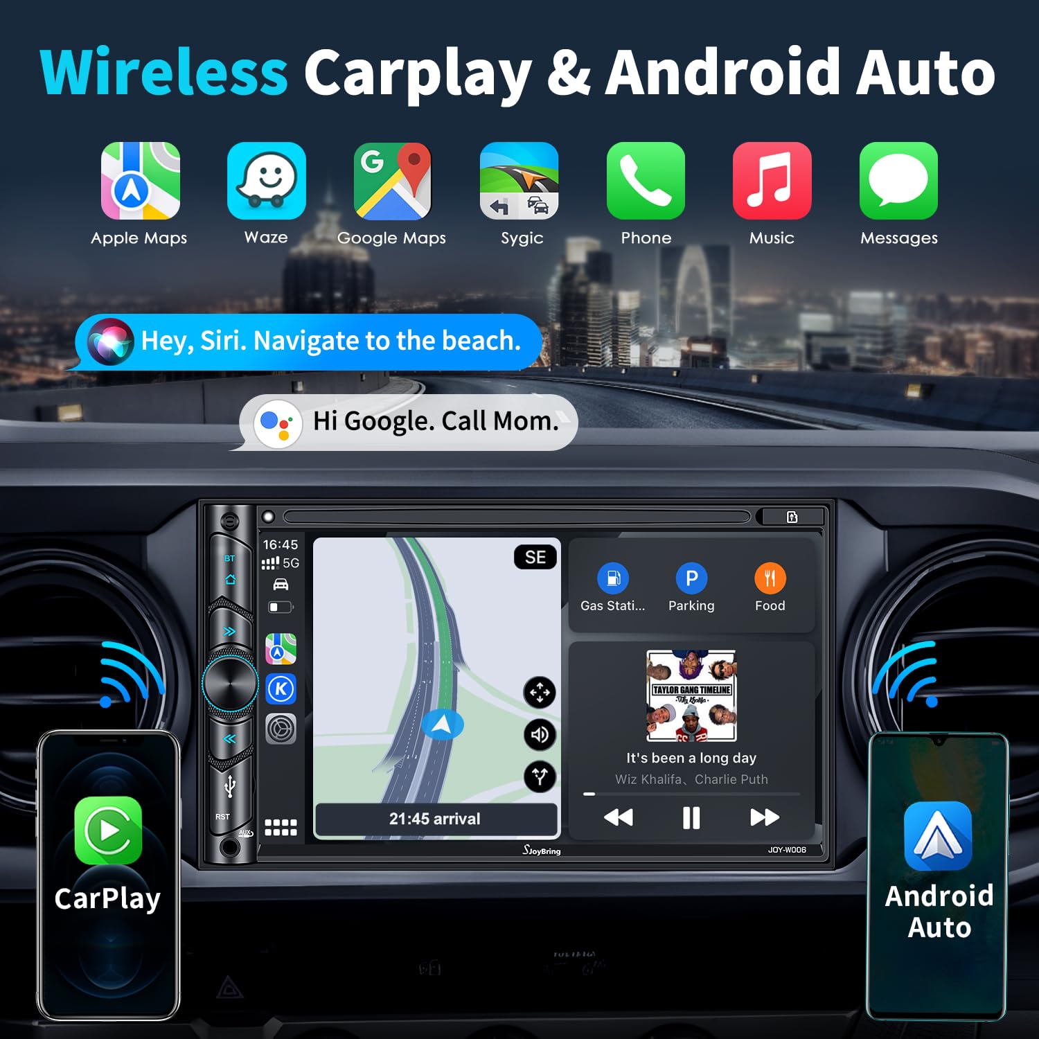 SJOYBRING Double Din Car Stereo - 7" HD Touchscreen, Apple Carplay, Bluetooth, Black, Model JOY-W006