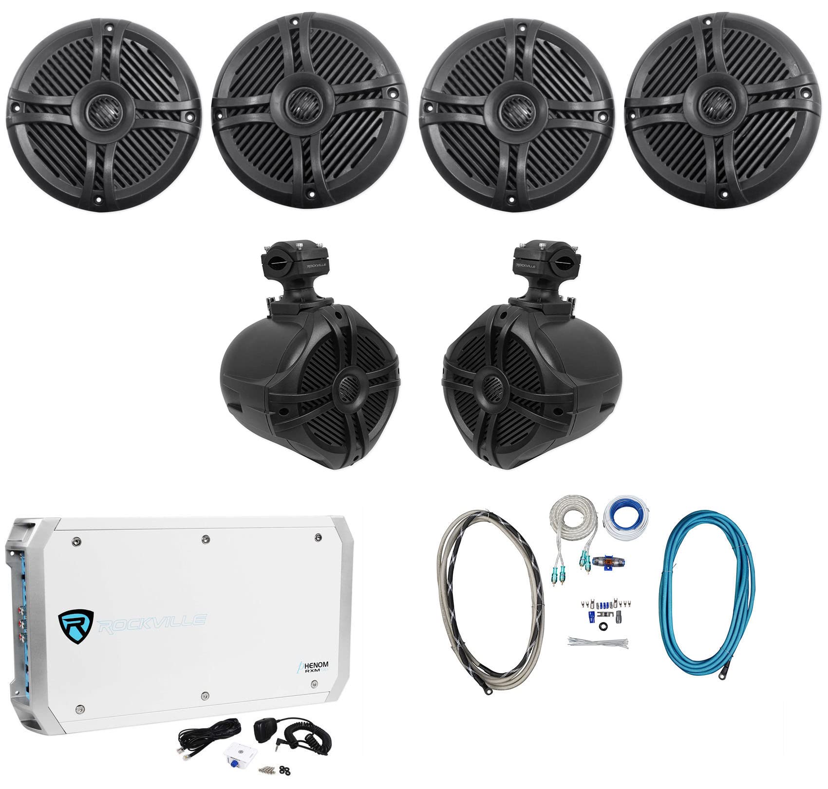 Rockville Marine Audio Bundle: (4) RMSTS65B 6.5 800W Peak/200W RMS Waterproof Speakers, RXM-S6 2600W 6-Ch Amplifier with Mic, (2