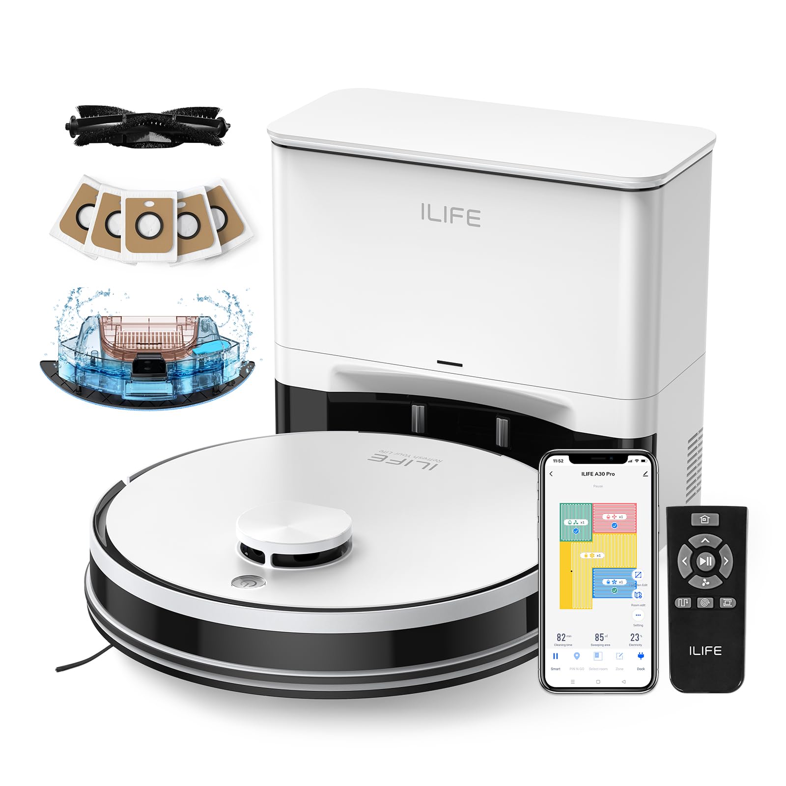 ILIFE A30 Pro Robot Vacuum and Mop, Self Emptying Station for 60 Days, 5000Pa Suction, LiDAR Navigation, No-Go Zones, 2.4G WiFi/