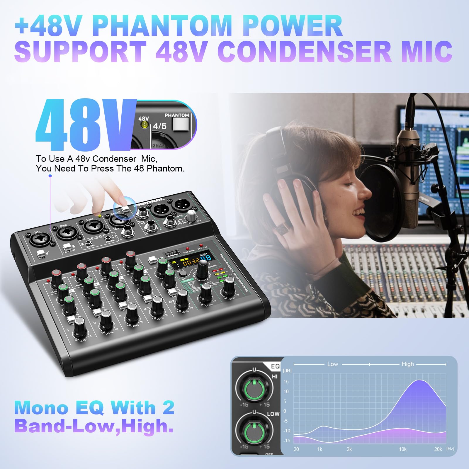 Usb Interface Audio 7 Channel Mixer With Effects 88 Dsp Digital Dj Mixing Board Bluetooth Music Player 48V Line For Condenser Mi