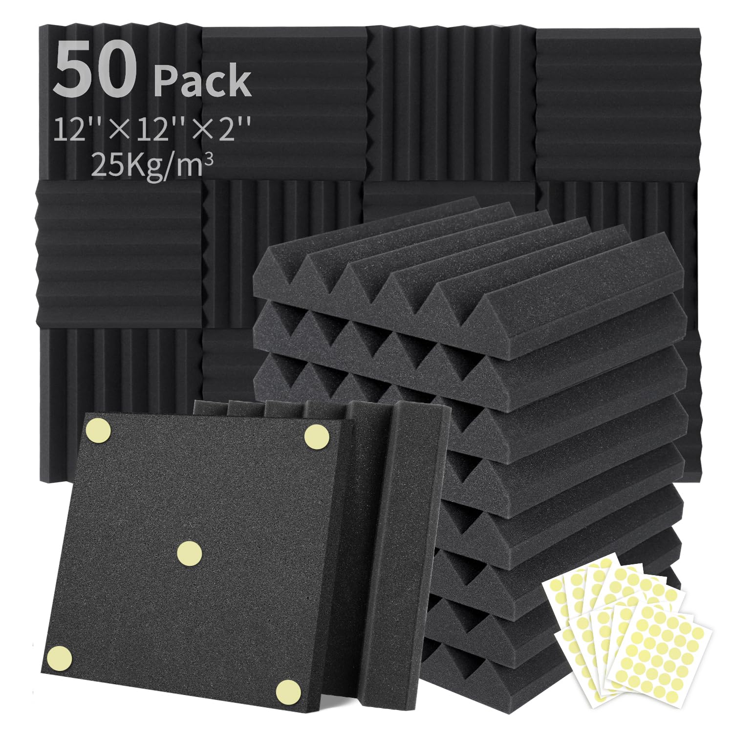 Focusound 50 Packs Acoustic Foam Panels Wedge 2'' X 12'' X 12'', Soundproofing Foam Noise Cancelling Foam With 300 Pcs Double Si