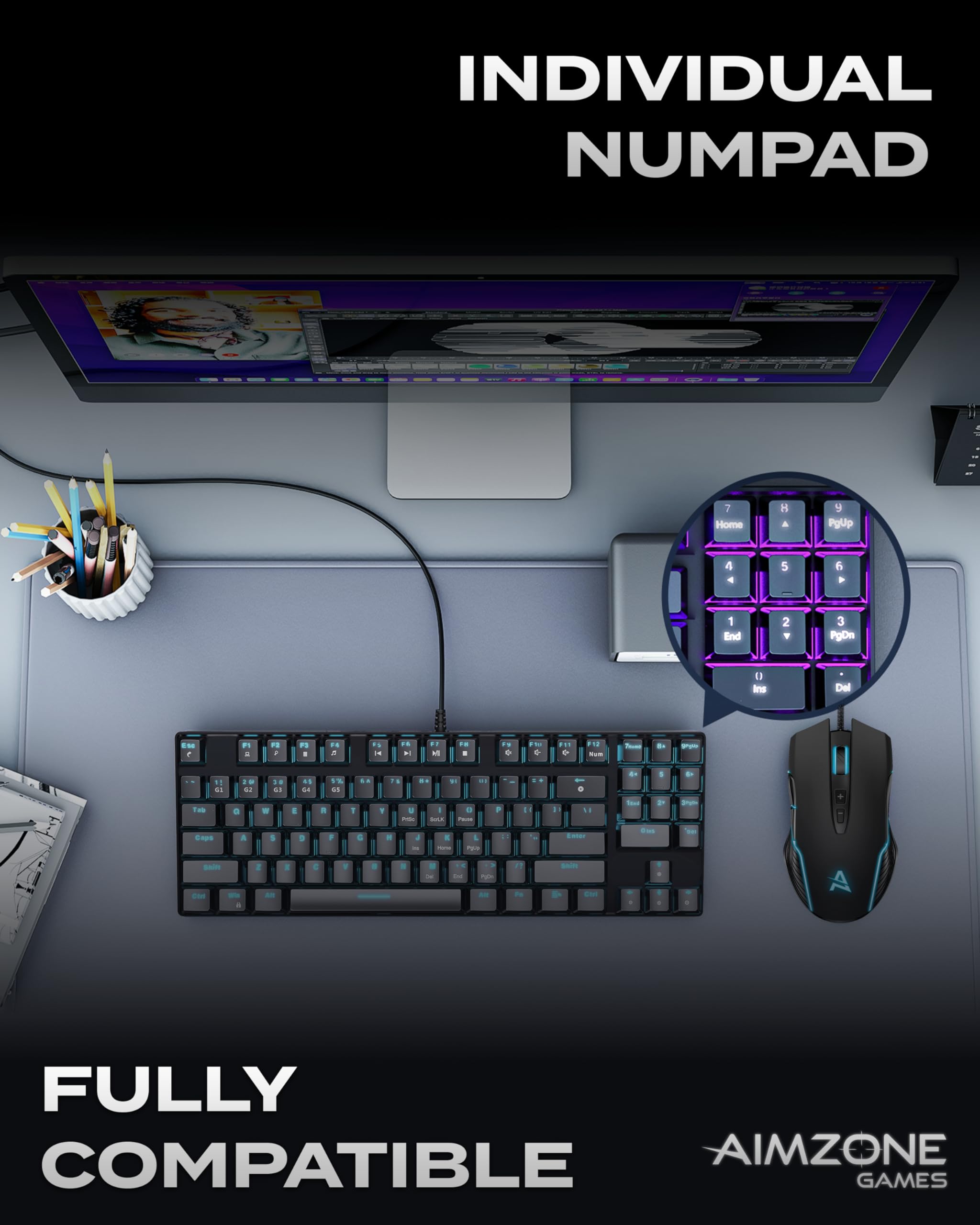 Aimzone Keyboard And Mouse, Wired Ergonomic Gaming Keyboard And Mouse Combo, 80% Mechanical Keyboard, 89 Multimedia Keys, 6400 D