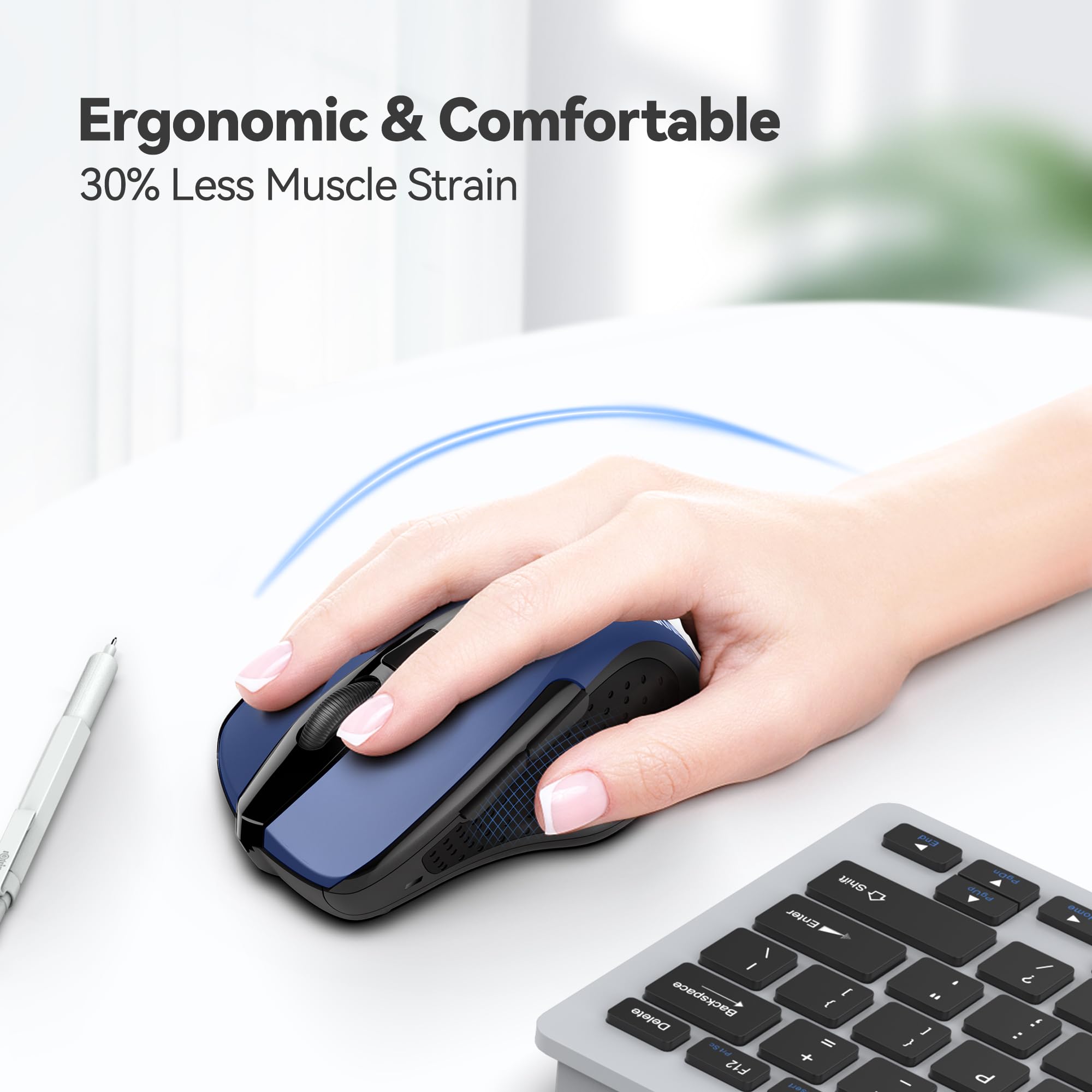 Tecknet Wireless Mouse, 2.4Ghz Ergonomic Computer Mouse, Portable Cordless Mice, 5 Level 2400 Dpi Mouse For Laptop, 6 Buttons Usb Mouse For Chromebook, Ergo Grip, 24 Months Battery   Blue