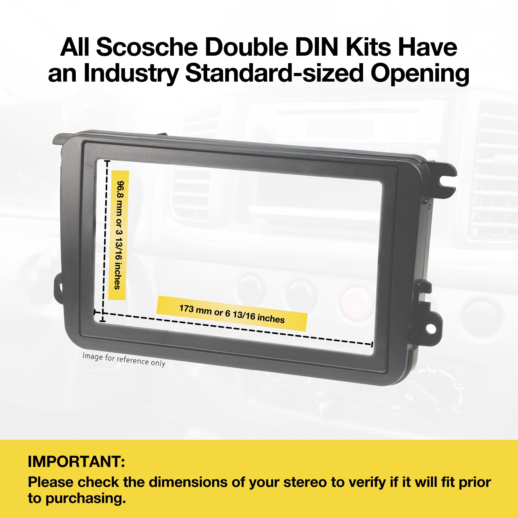 Scosche ICCR6BN Complete Double DIN Stereo Installation Kit for Select Non Amplified 2007 20 Chrysler, Dodge, Jeep, Mitsubishi, RAM and VW Vehicles   See Fit Guide in Images to Verify Your Vehicle