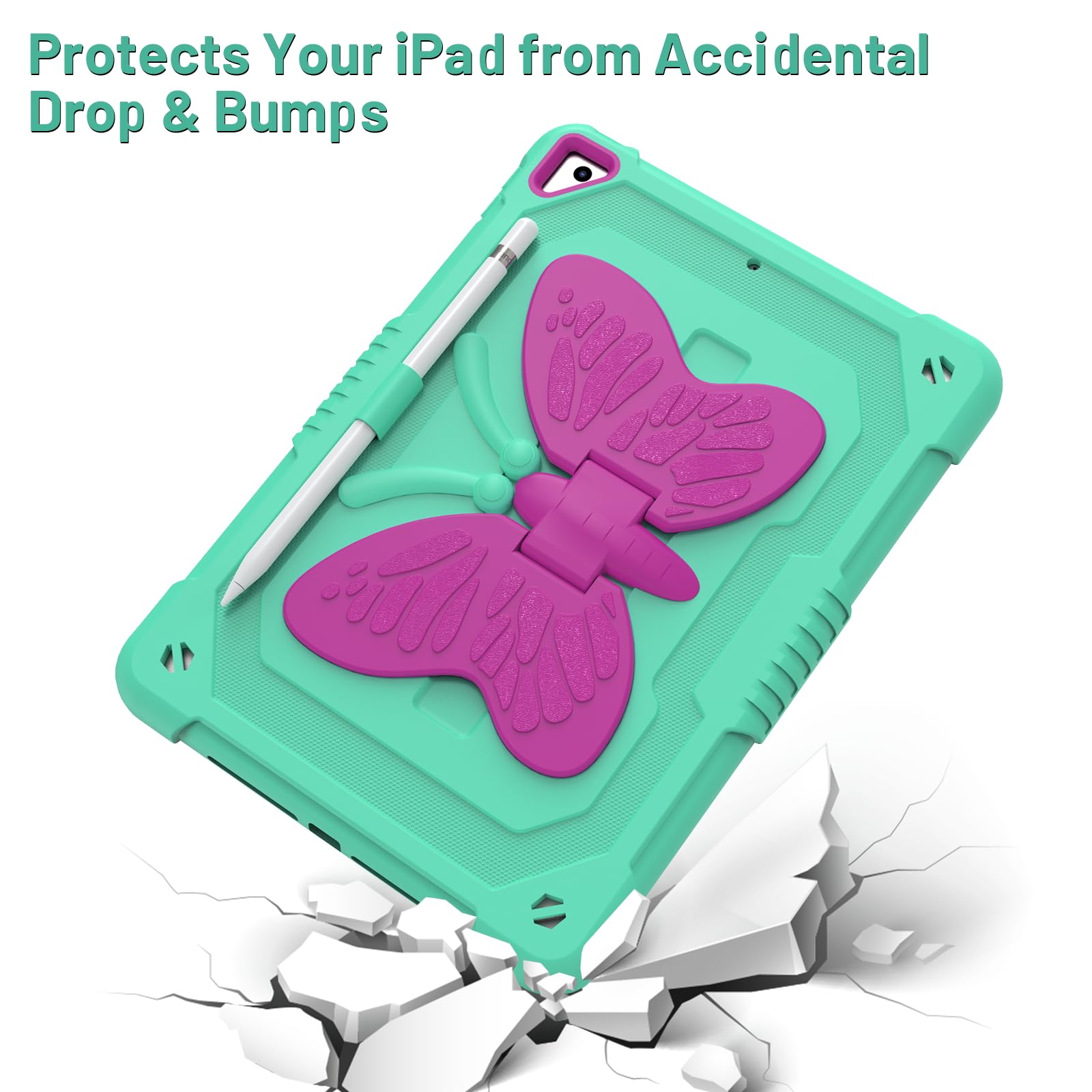 Ambison Case For Ipad 9Th/8Th/7Th Generation 10.2 Inch With Glass Screen Protector,Rugged Shockproof Protective Cover For Kids Girls Butterfly Stand,Shoulder Strap For Ipad 2021/2020/2019 Mint