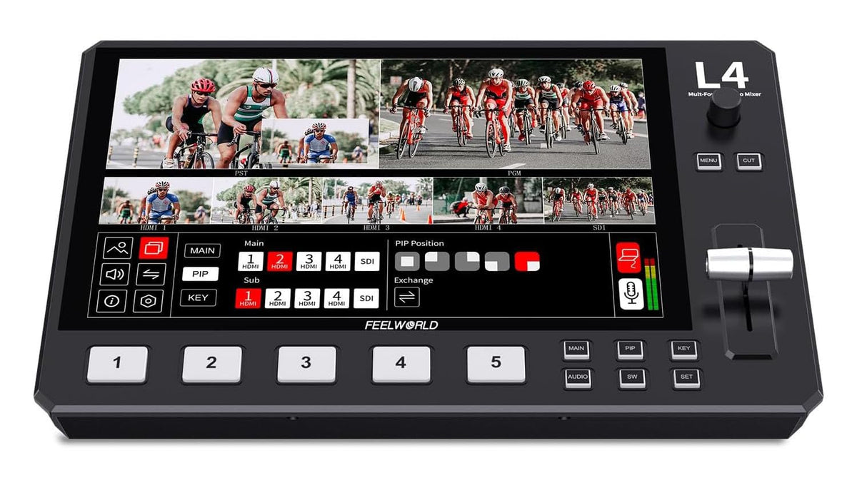 FEELWORLD L4 Multi-camera 5 chanel HD Video Mixer Switcher 10.1 inch Touch Screen 4 HDMI one SDI Input USB3.0 Output Fast Streaming in Diverse Way