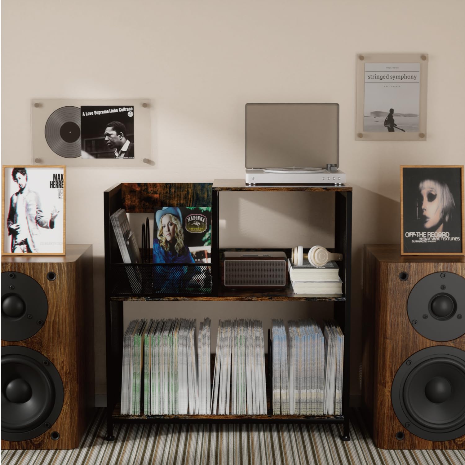 Large Record Player Stand With Vinyl Storage, 3 Tier Vinyl Record Storage For 300 Albums, Wood & Metal Turntable Stand With Cust