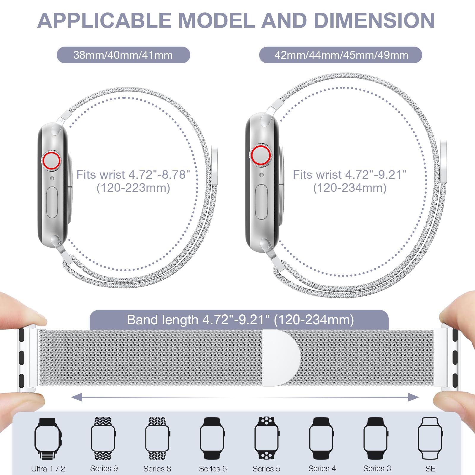 Belongme Mesh Metal Loop Compatible With Apple Watch Band 40Mm 41Mm 38Mm 42Mm Series Se 10 9 8 7 6 5 4 3 2 1 Women Men, Stainles