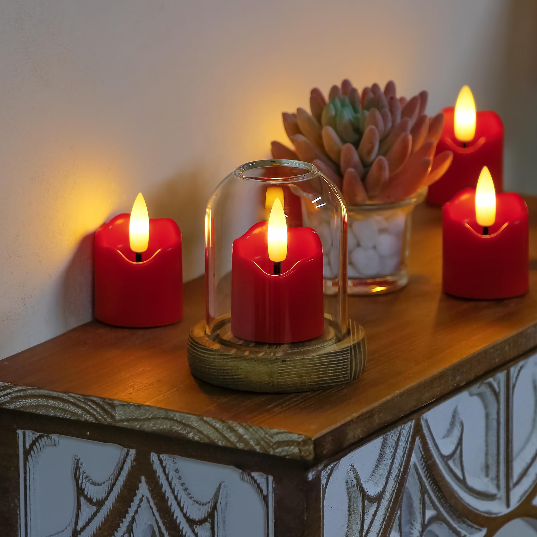Wroxipel 6 Pack Battery Operated Auto Daily Timer Burgundy Plastic Led Flameless Votive Candles, Long Runtime 1.6'' X2.3'' Flick