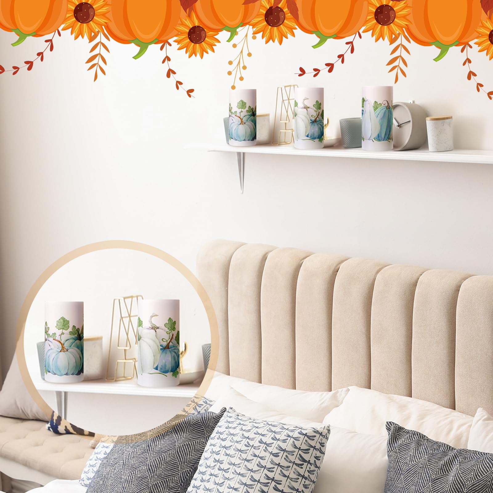 Roceei 3 Pack Fall Led Candles With Remote Fall Flameless Candles Blue Pumpkin Led Real Wax Candles Black And White Autumn Batte