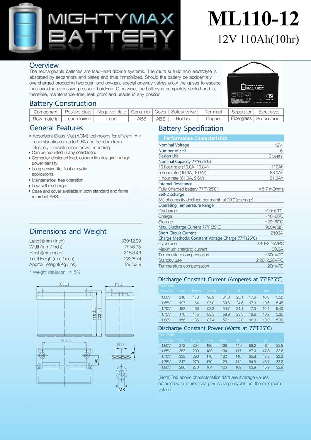 Mighty Max Battery 12V 110Ah Battery Replacement For Agm Type, 110 Amp, Model# Ub 121100