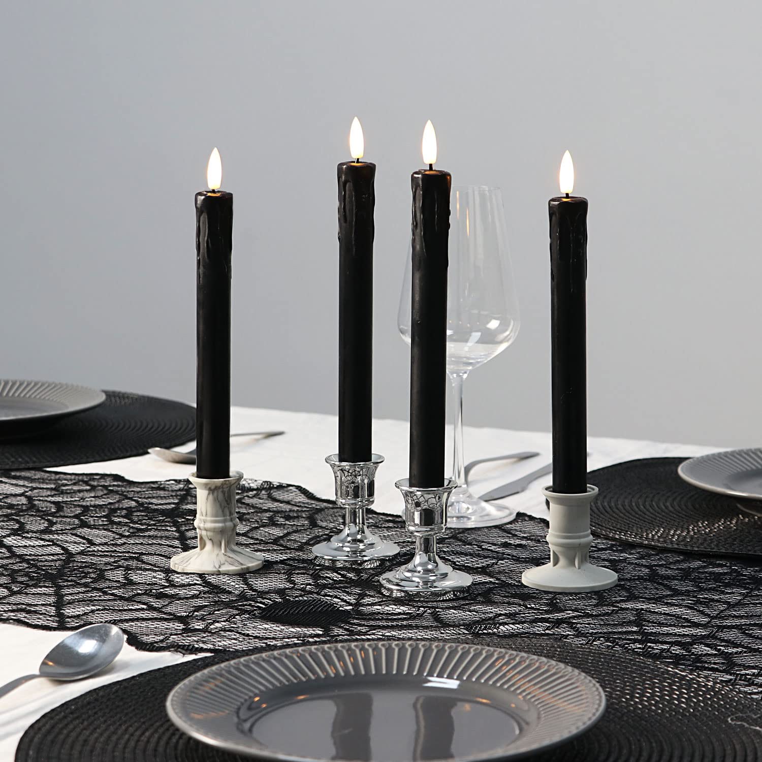 Fanna Black 10'' Flameless Taper Candles For Halloween With 2 Remotes, Battery Operated Candles With Timer Wax Dripping, Warm Wh