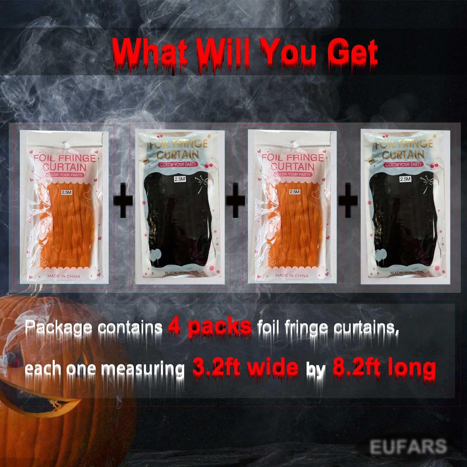 Eufars Foil Fringe Curtains 4 Pack Of 3.2X8.2Ft Orange Black Foil Fringe Curtains For Birthday Halloween Photo Backdrop Party De