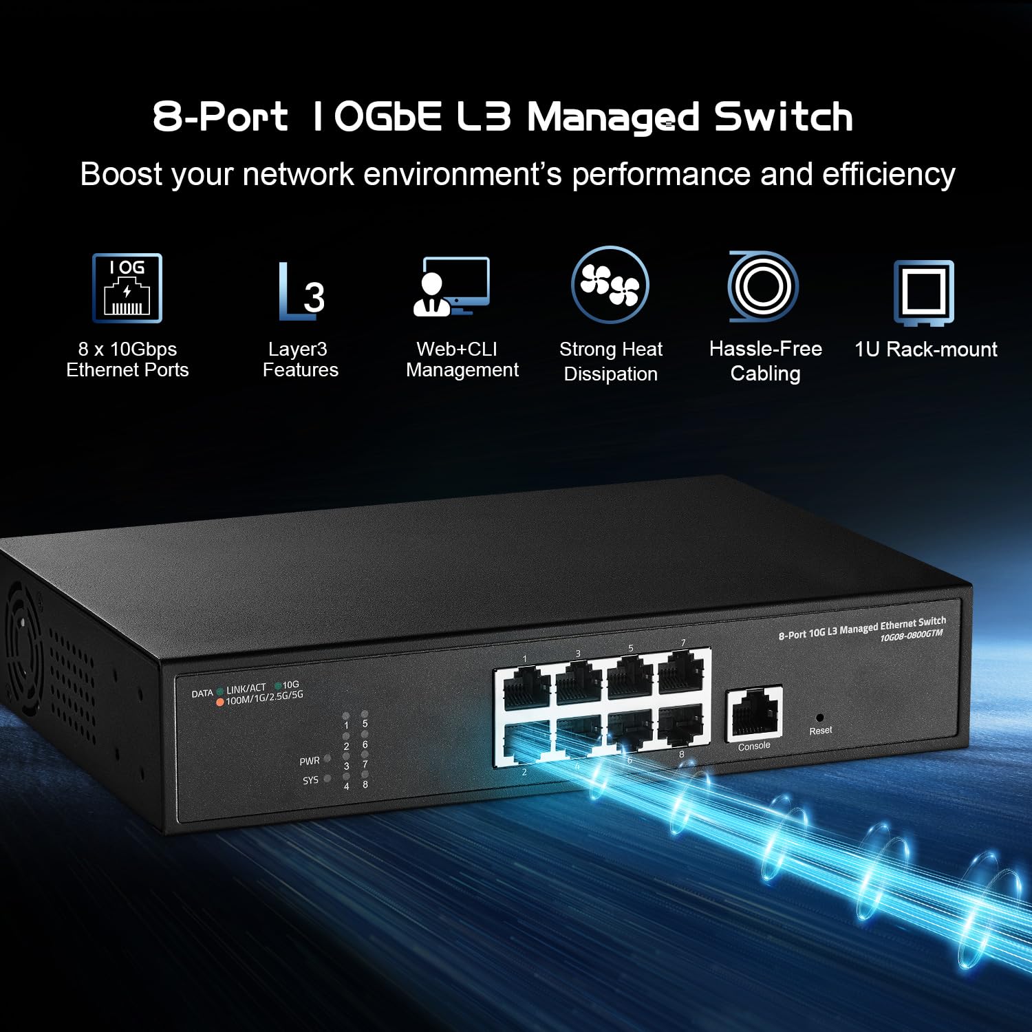 Binardat 8 Port 10 Gigabit Managed Switch, Support 1G/2.5G/5G/10G Ethernet, 160Gbps Bandwidth, L3 Web/Cli Managed, Metal Rackmou