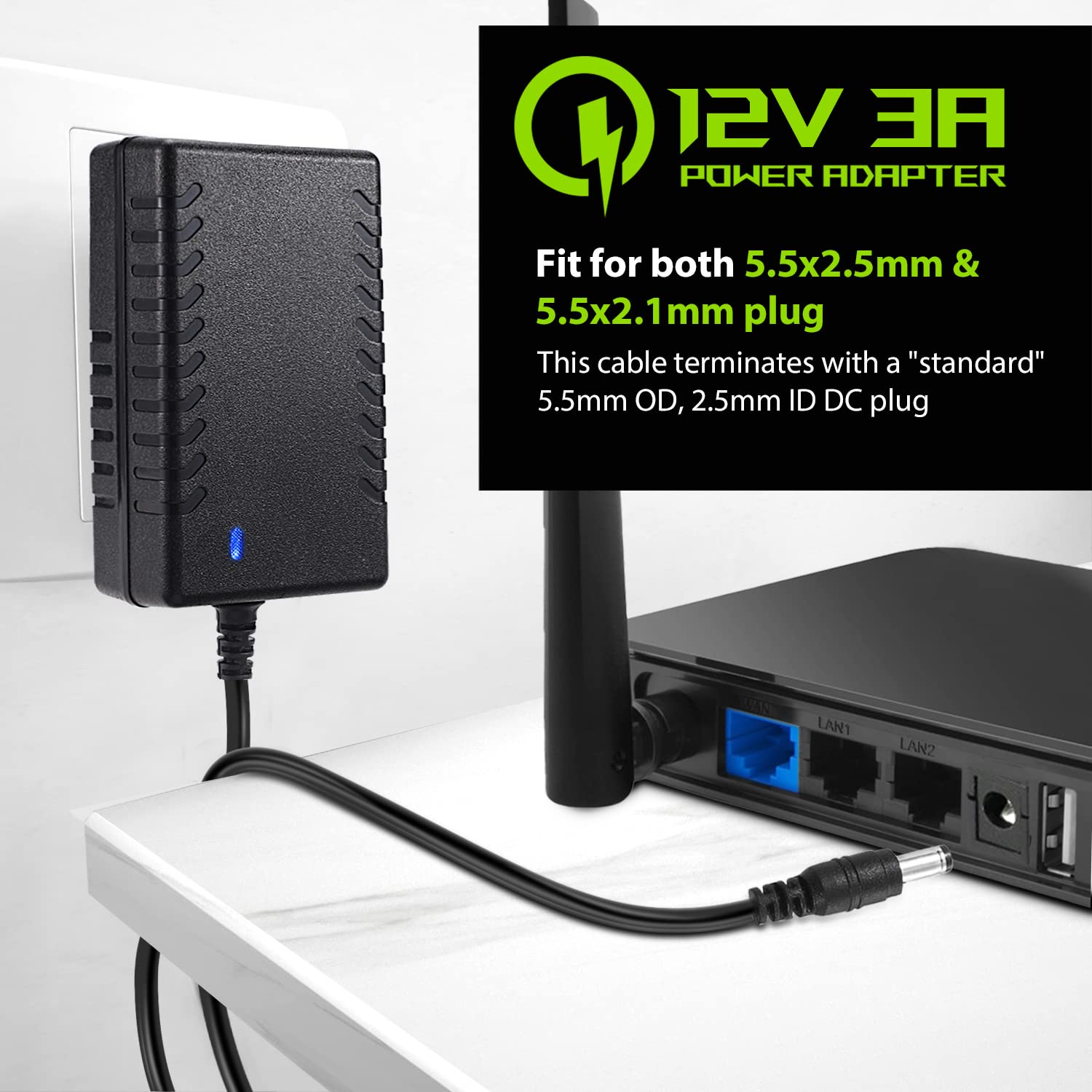 Facmogu Dc 12V 3A Power Supply Ac Adapter, Ac 100 240V To Dc 12 Volt Wall Plug Transformers 36W With 150Cm/ 4.92 Feet Long Cable, Wall Mounted Power Adapter With Barrel Connector 5.5X2.5Mm & 5.5X2.1Mm