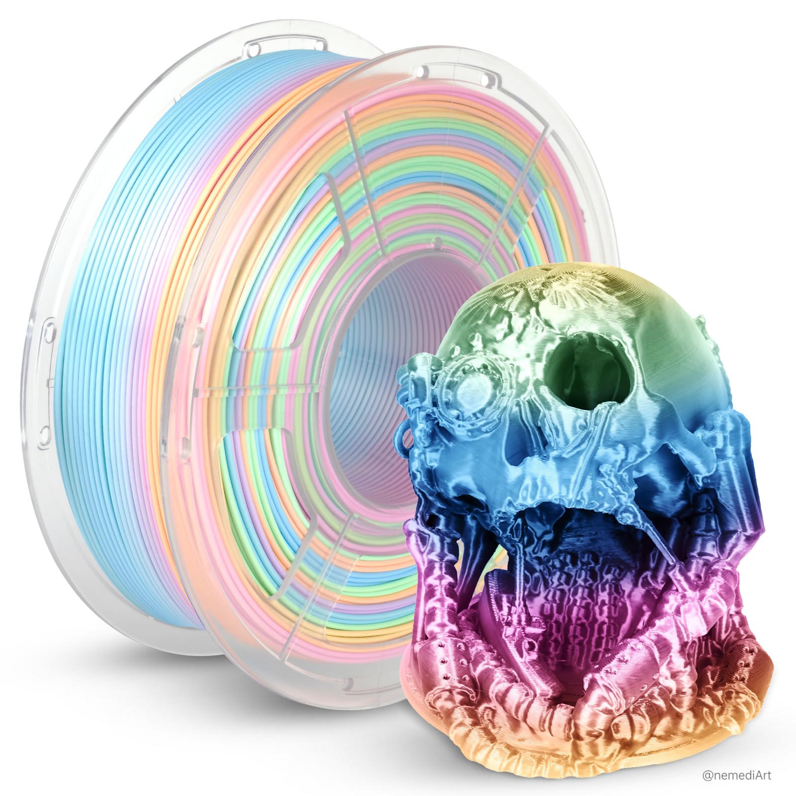 JAYO Silk Rainbow PLA+ Filament 1.75mm 1.1kg, Multicolor Gradient Shiny PLA, Color Changes Every 8 Meters in Pink-Yellow-Blue-Gr