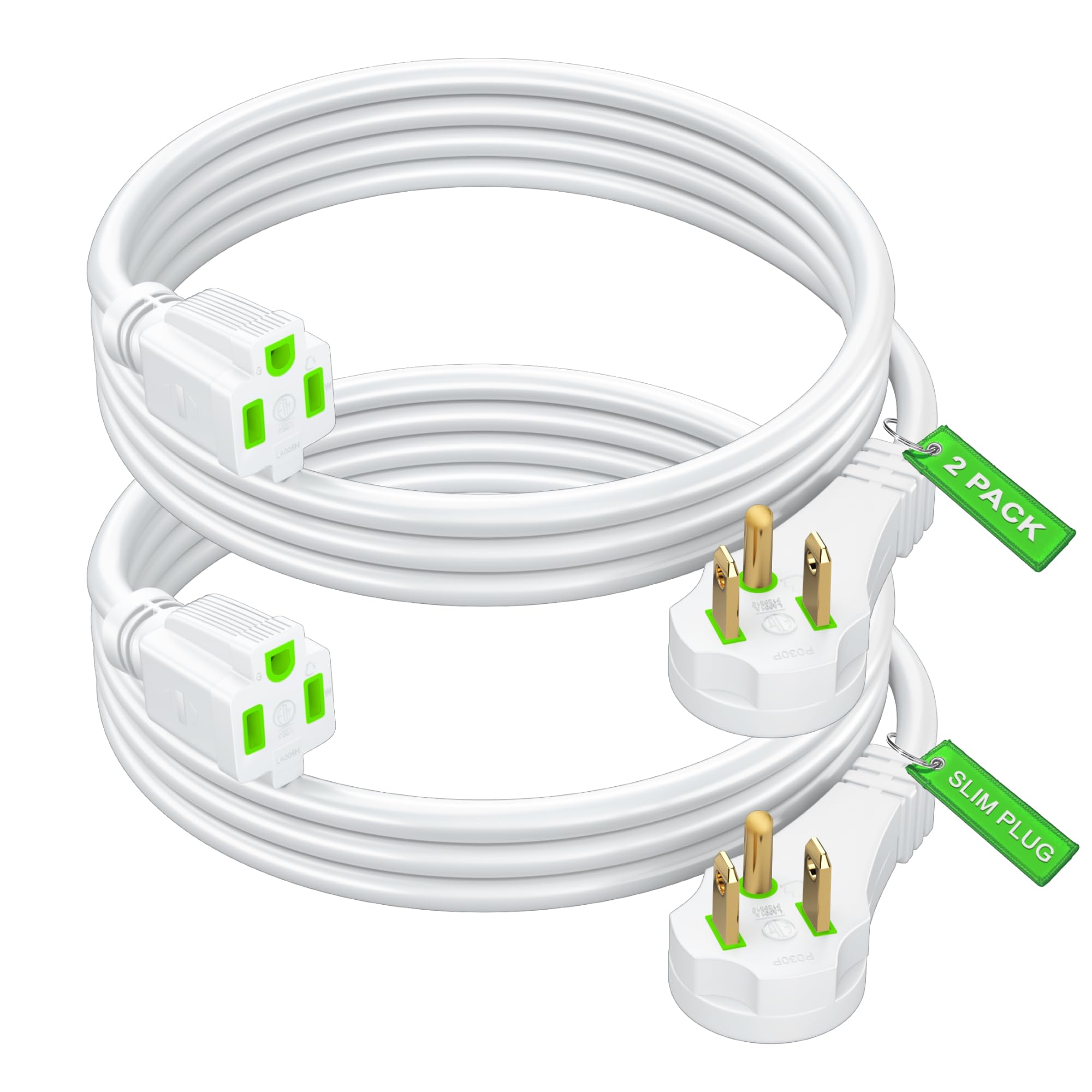 Maximm Flat Plug Extension Cord 2 Ft With Slim Space Saving Plug Design, Low Profile Extension Cord 16Awg (White, 2 Pack)
