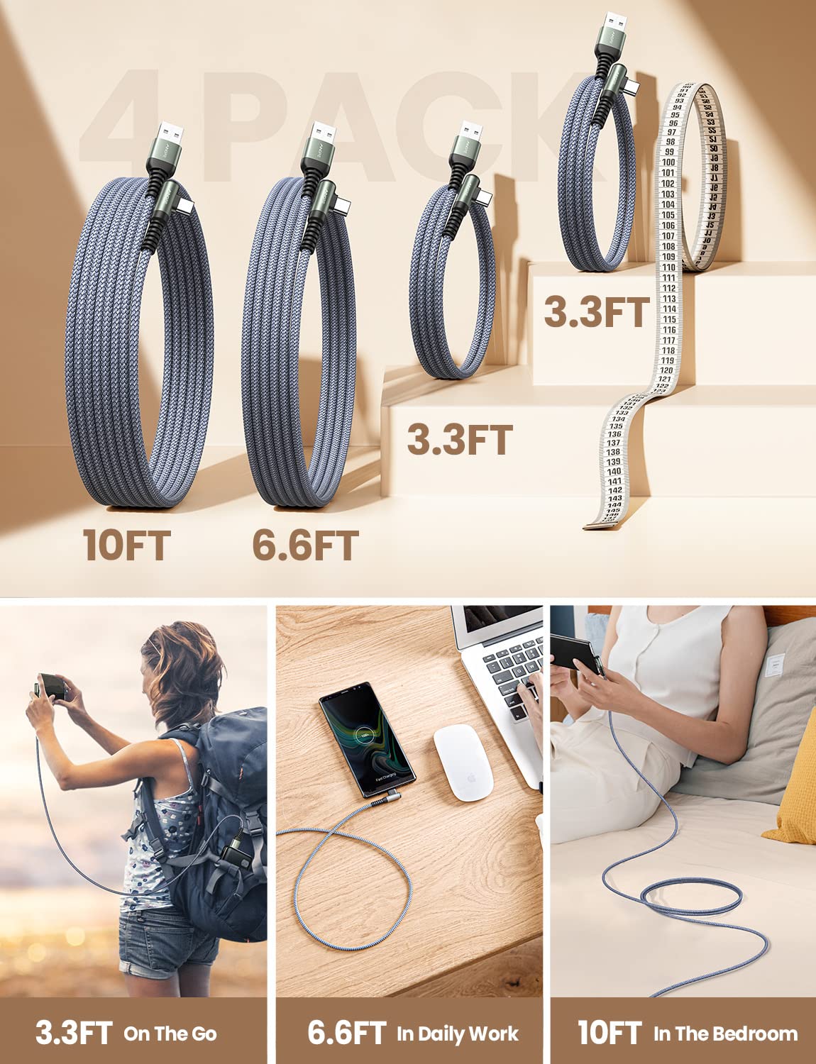 Ainope Usb C Cable 4 Pack [10/6.6/3.3/3.3Ft] 3.2A 90 Degree Usb C Cable Packs, Nylon Braided Angled Usb C Cable Fit For Galaxy S
