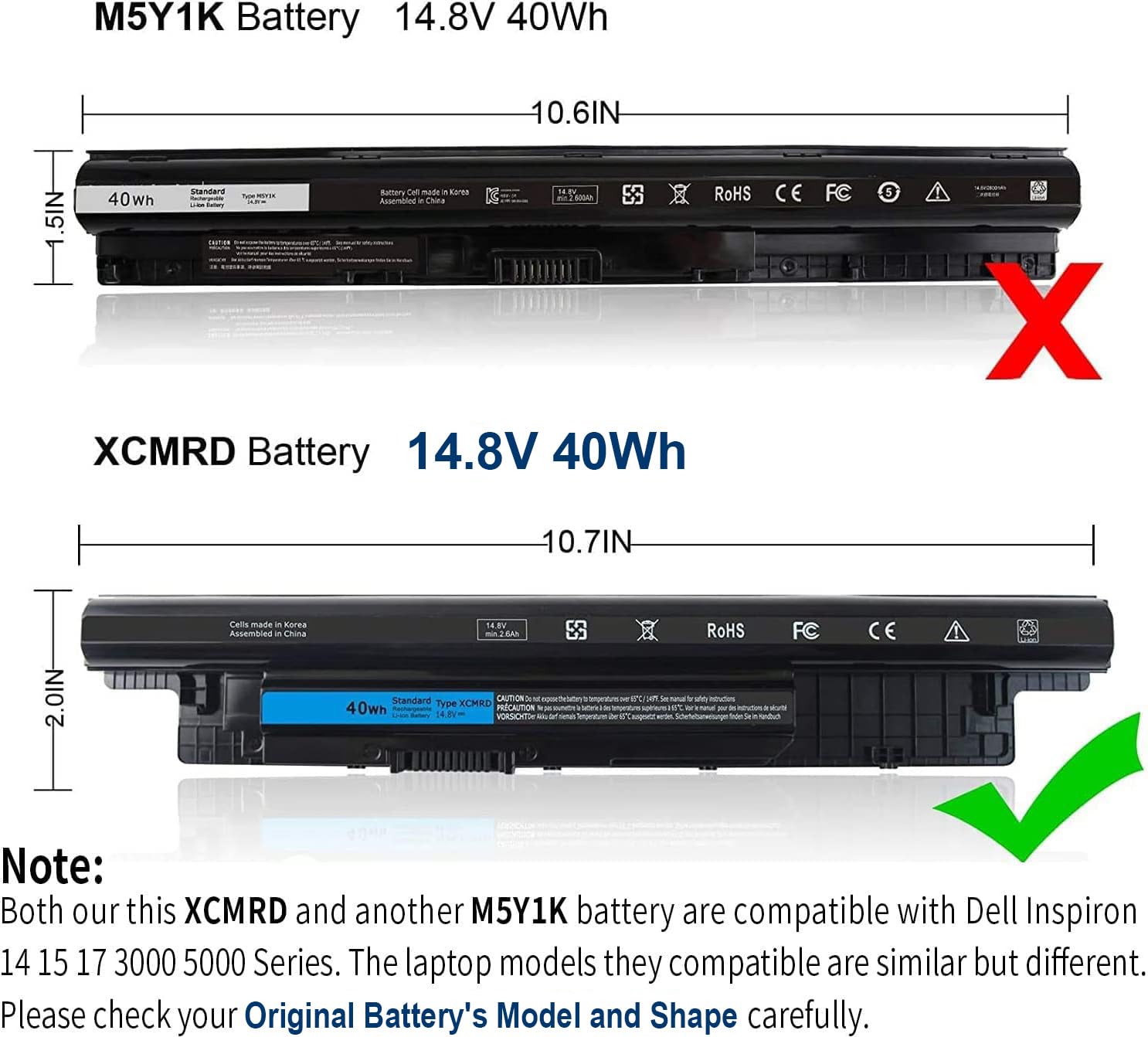 Xcmrd 40Wh Li Ion Battery 14.8V Compatible With Dell Inspiron 14R 14 17 17R 15 15R 3000 5000 3521 3543 3421 5721 5537 17 3721 15 3537 3521 5537 5521 N121Y Y1G4M 312 1387 Xrdw2 Ygmtn,Latitude 3440 3540