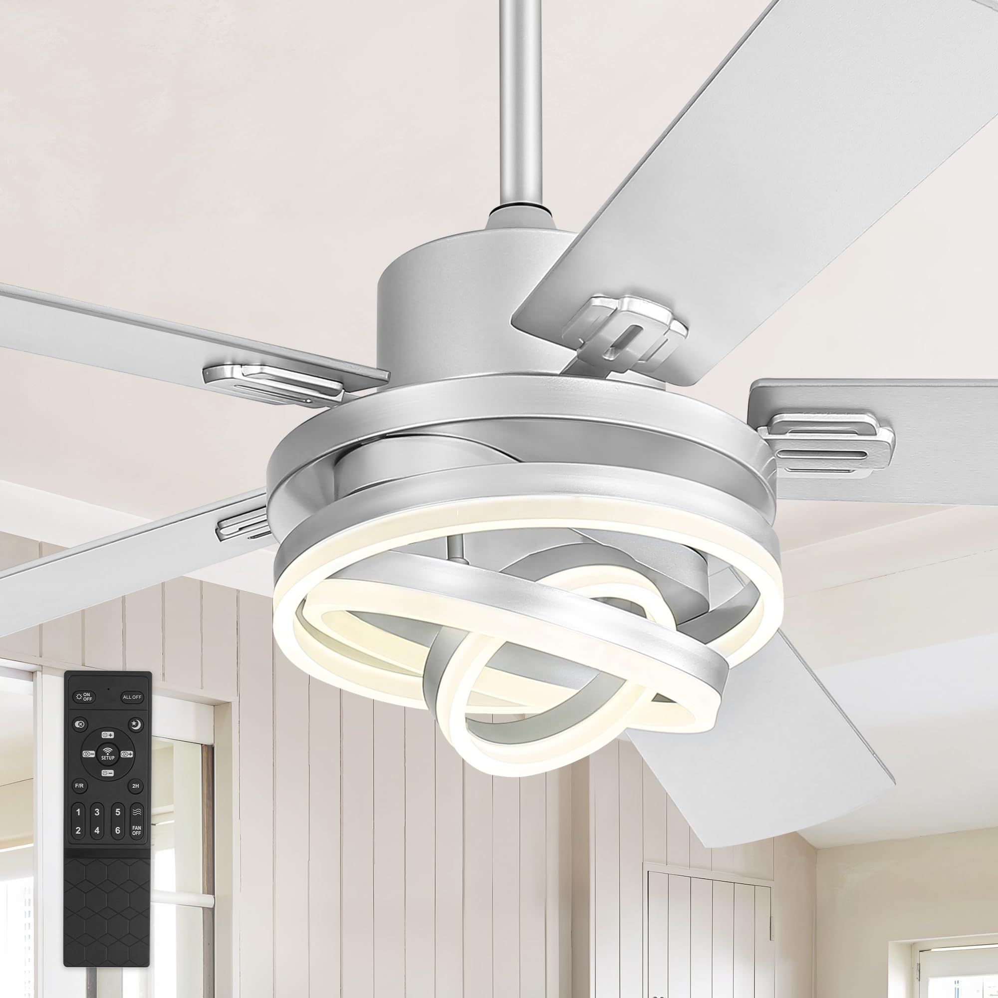 52'' Modern Ceiling Fans With Lights,Silver Chandelier Fan With 6 Speed Dimmable Led And Quiet Reversible Dc Motor,Rustic Fandel