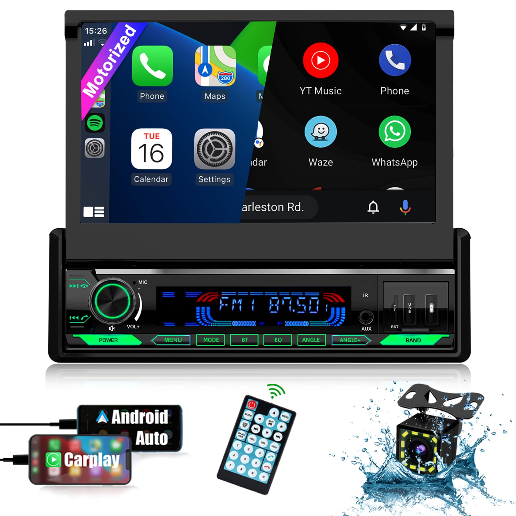 (Motorized&Hd Screen) Single Din Apple Carplay Car Stereo With Android Auto   7 Inch Flip Out Touchscreen Car Radio With Bluetoo
