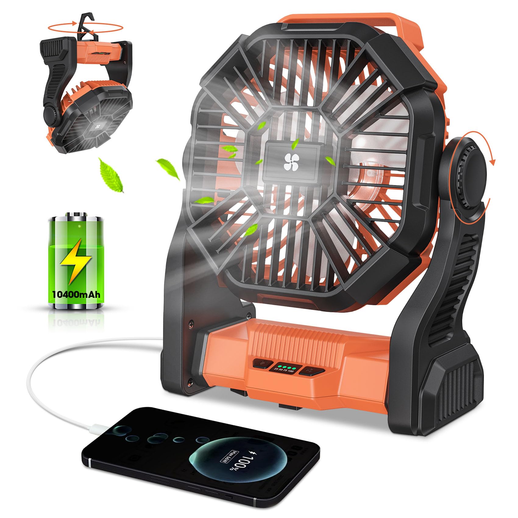 Deller 20400mAh Portable Rechargeable Fan, Tent Fan for Camping with LED Light & Hook, Battery Powered Fans for Beach Travel Tre