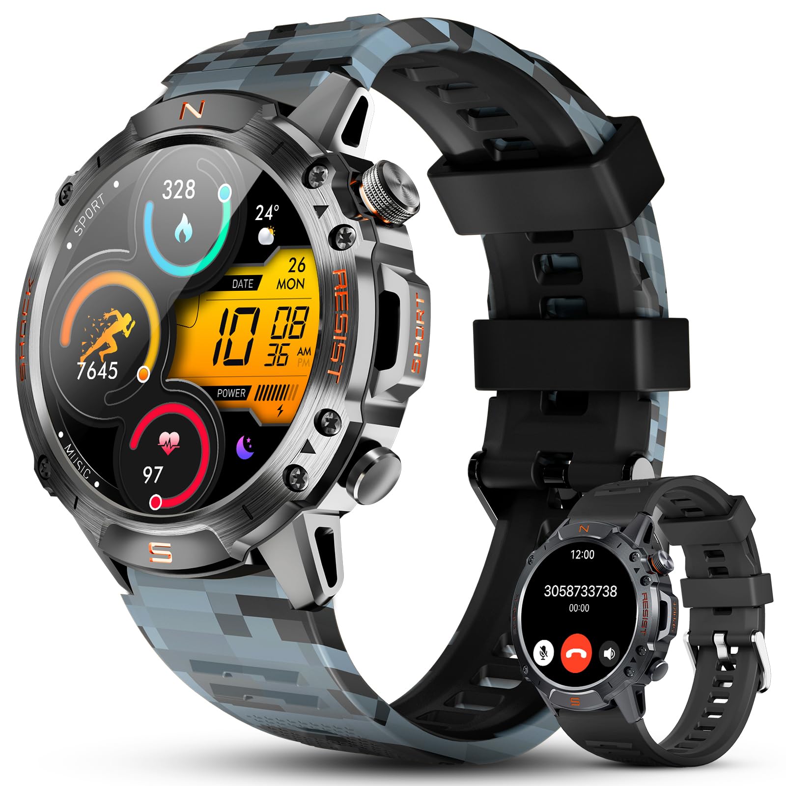 Walkerfit Rugged Smart Watch For Men- Answer/Dial Calls,50M Waterproof Fitness Watch With Health Monitor,170+ Sport Modes,Milita