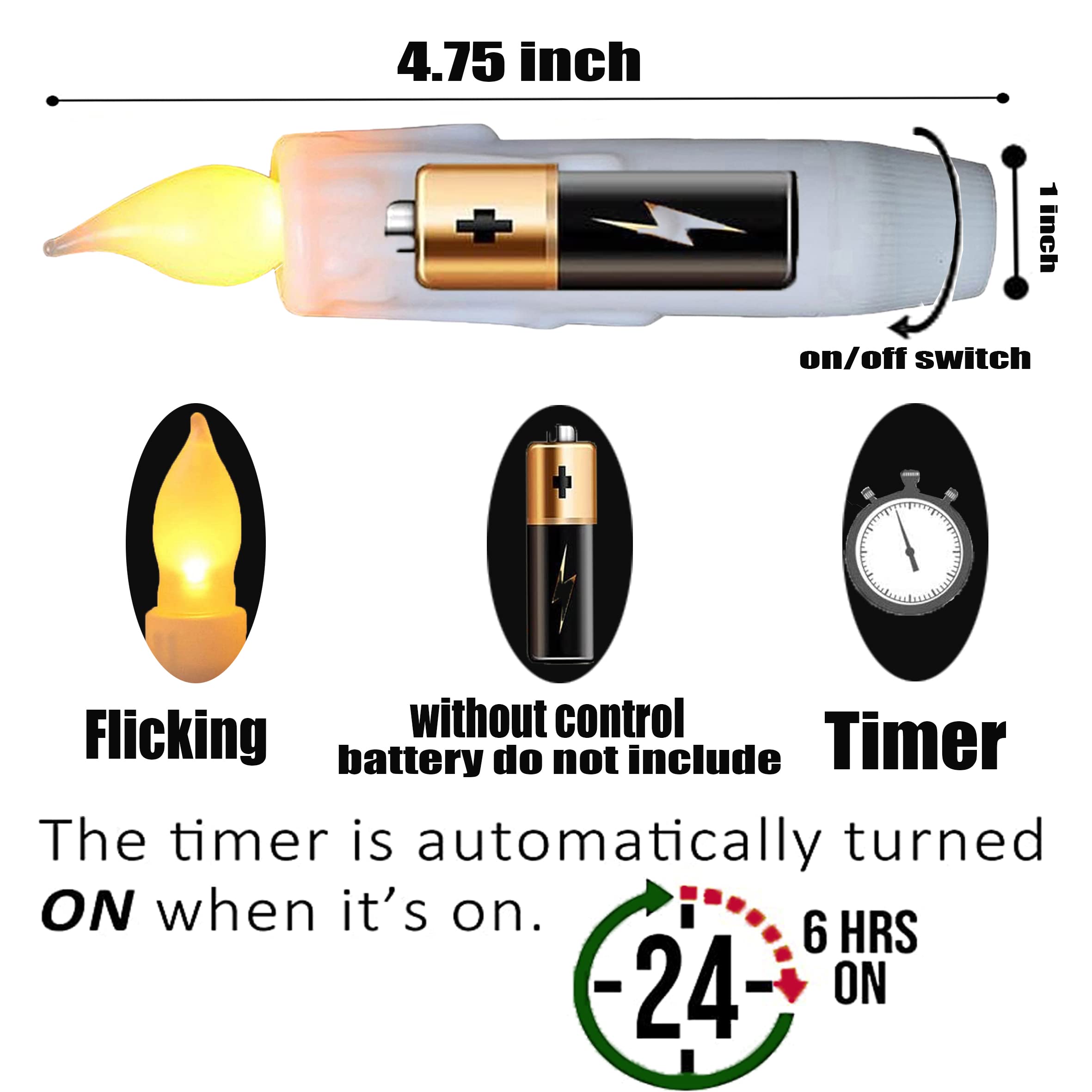 Lincountry.White Short Taper Candles Battery Operated Flickering Flame,Short Flameless Taper Candles With Timer Realistic,4.75In