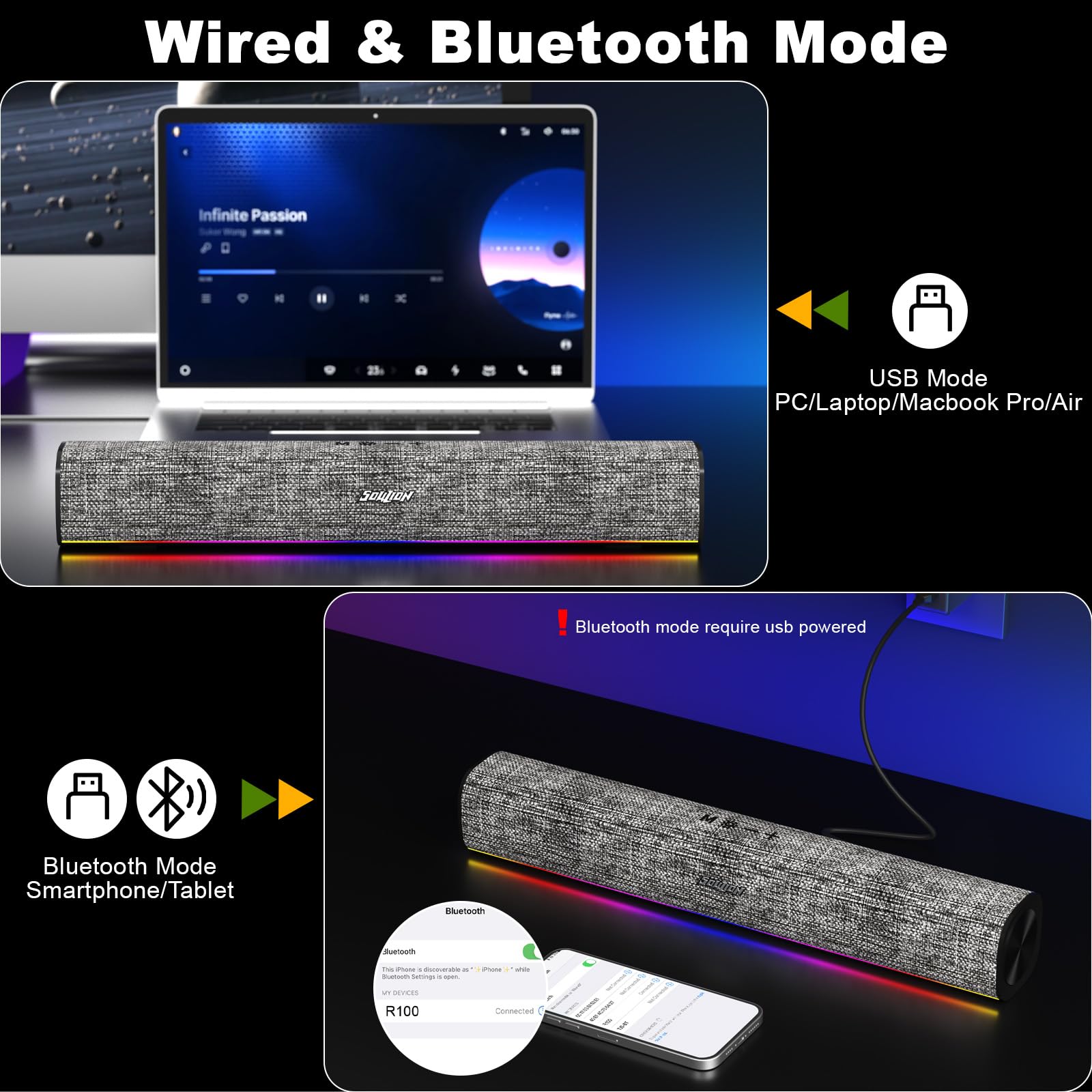 Soulion R100 Bluetooth Computer Speakers With Dynamic Led Light, Usb Plug & Play Pc Speakers With Switch Button, Clearly Sound S