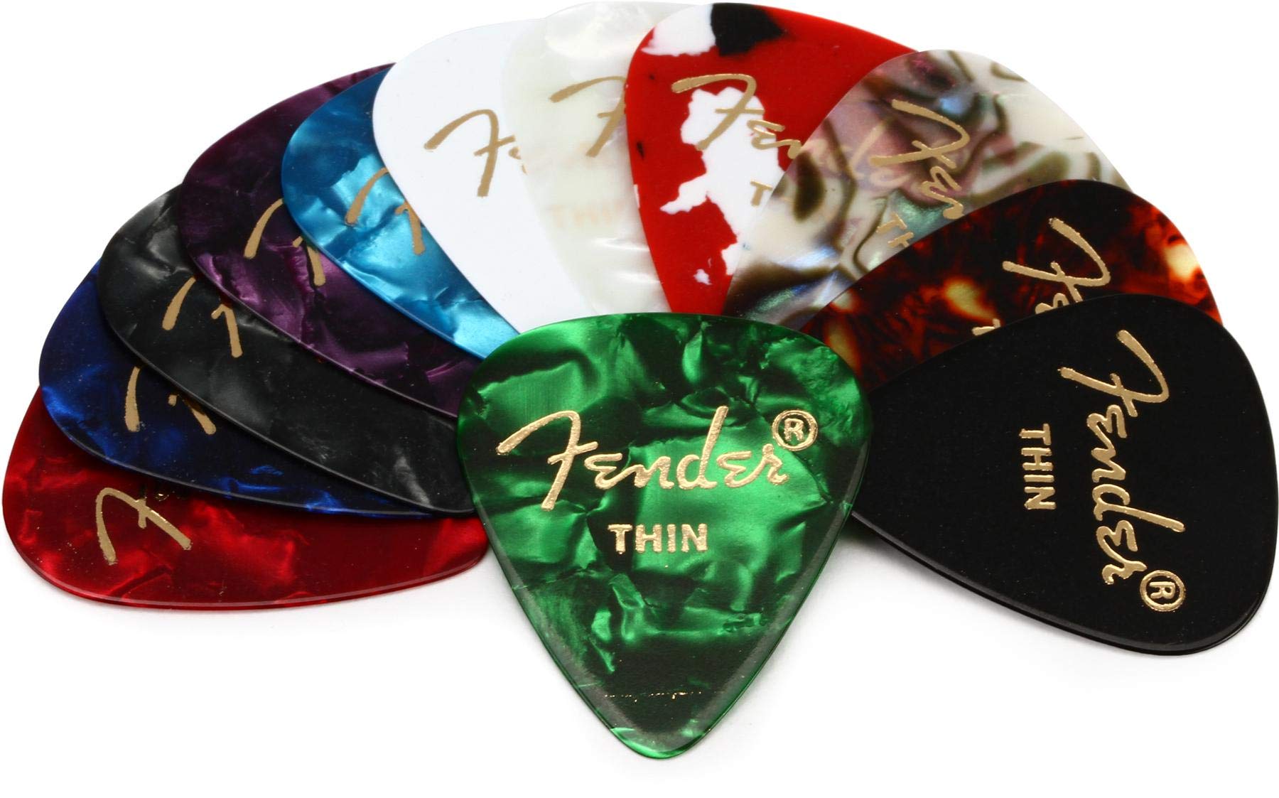 Fender Classic Celluloid Guitar Picks 351 Shape, Color Medley, Thin, 12 Pack