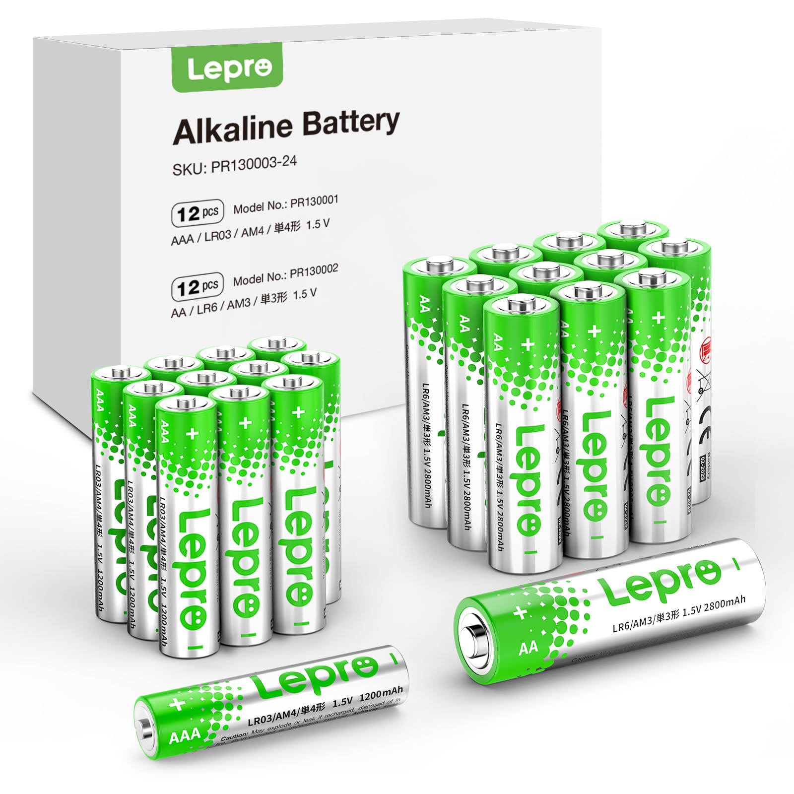 Lepro Batteries Variety Pack, AA and AAA Batteries Combo Pack 24 Count, 2800mAh High-Performance Alkaline Power - 12 Double AA B