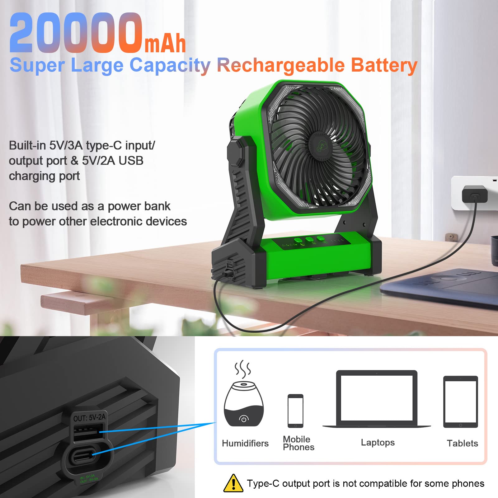 Gewanolla Portable Rechargeable Fan With Led Light, 20000Mah Battery Powered Camp Fan With Hook, 270 Pivot, 4 Speeds, Usb Table