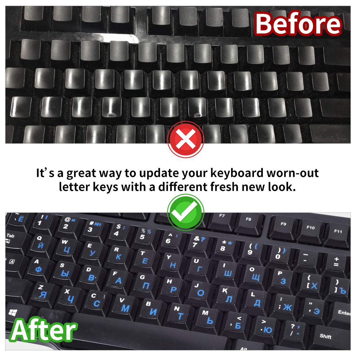 2Pcs Russian Keyboard Stickers, Russian English Keyboard Letters Replacement Sticker Blue Font With Black Background For Pc Comp