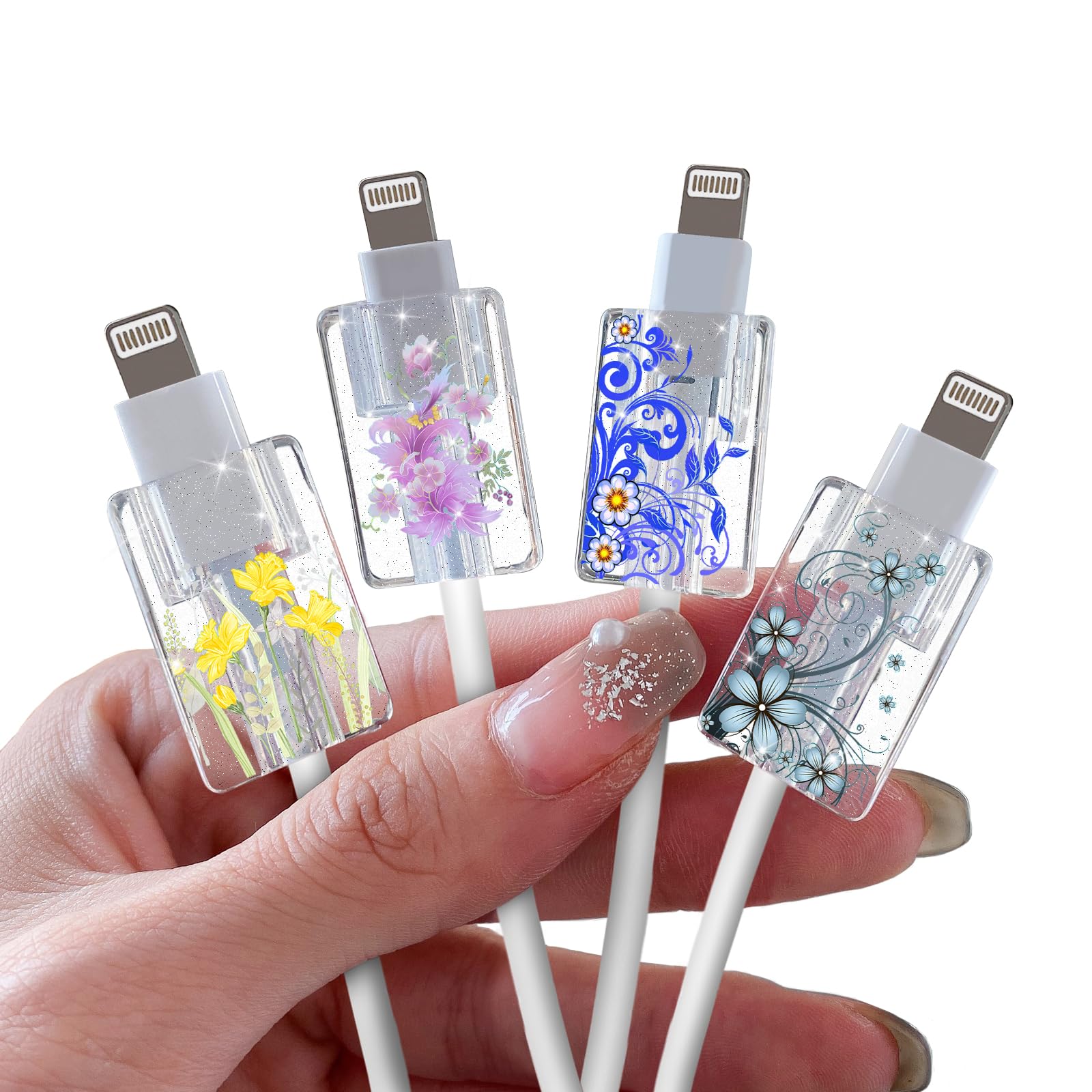 Glitter Cable Protector For Iphone Type C Charger,Cute Bling Floral Flowers Filaments Pattern 4 Pcs Set Cable Phone Protector Fo