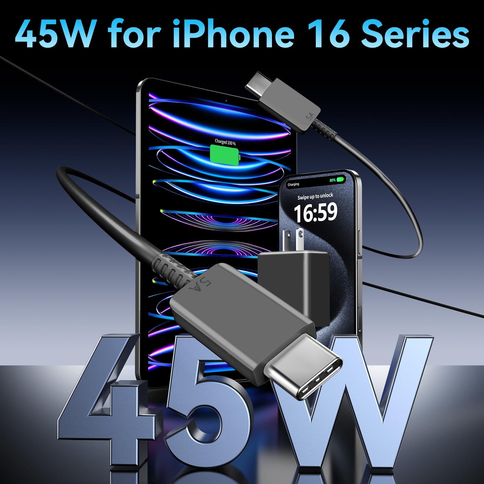 Phone 16 Charger, 45W Super Fast Charging Usb C Charger For Phone 16/15 Pro Max 10Ft Type C Charger Cord With Pd Fast Charger Bl